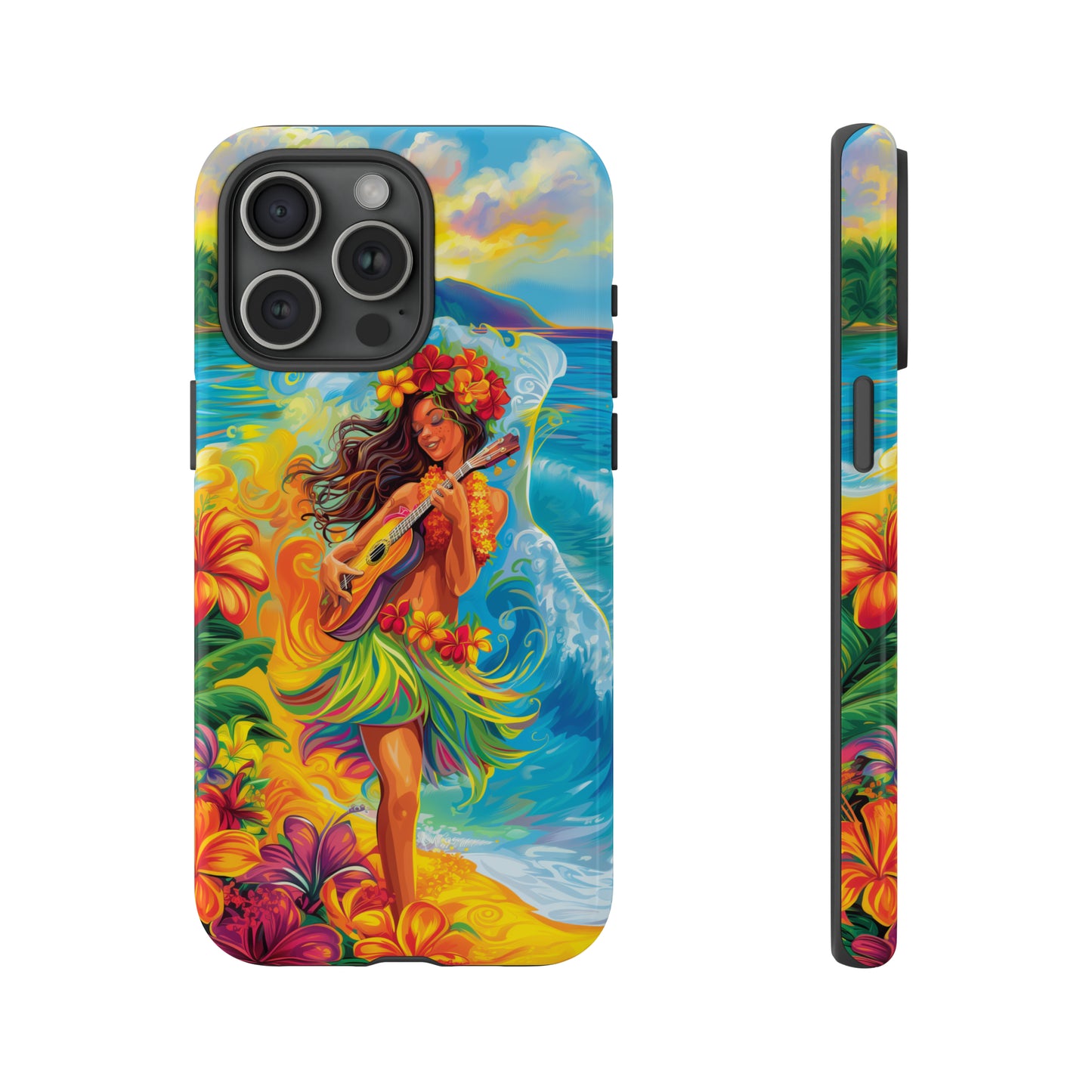 Ukulele Hula Girl Hawaiian Phone Case, Tropical, Hibiscus, Wireless Compatible, Protective Cell Phone Case for iPhone, Samsung, Pixel phones
