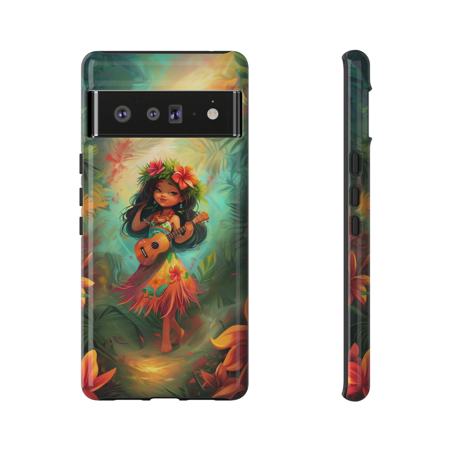 Cute Hula Girl Ukulele Hawaiian Phone Case, Tropical, Hibiscus, Wireless Compatible, Protective Cell Phone Case for iPhone, Samsung, Pixel