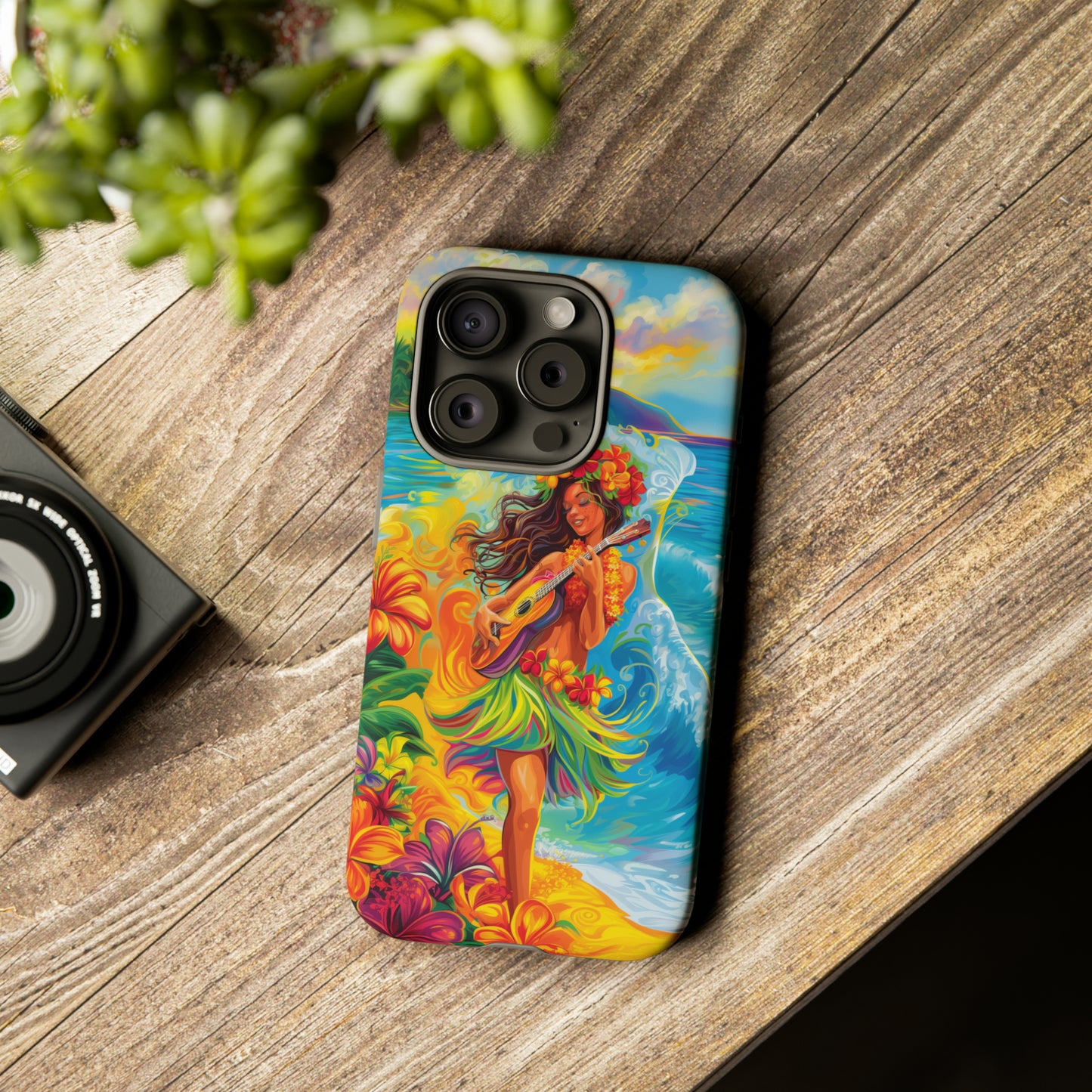 Ukulele Hula Girl Hawaiian Phone Case, Tropical, Hibiscus, Wireless Compatible, Protective Cell Phone Case for iPhone, Samsung, Pixel phones