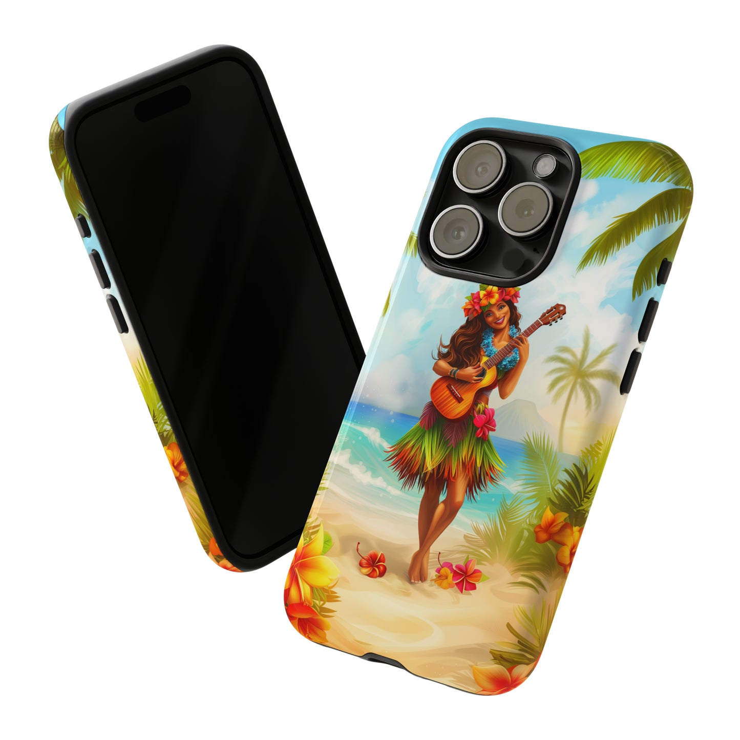 Hula Girl Guitar Hawaiian Phone Case, Tropical, Hibiscus, Wireless Compatible, Protective Cell Phone Case for iPhone, Samsung, Pixel phones