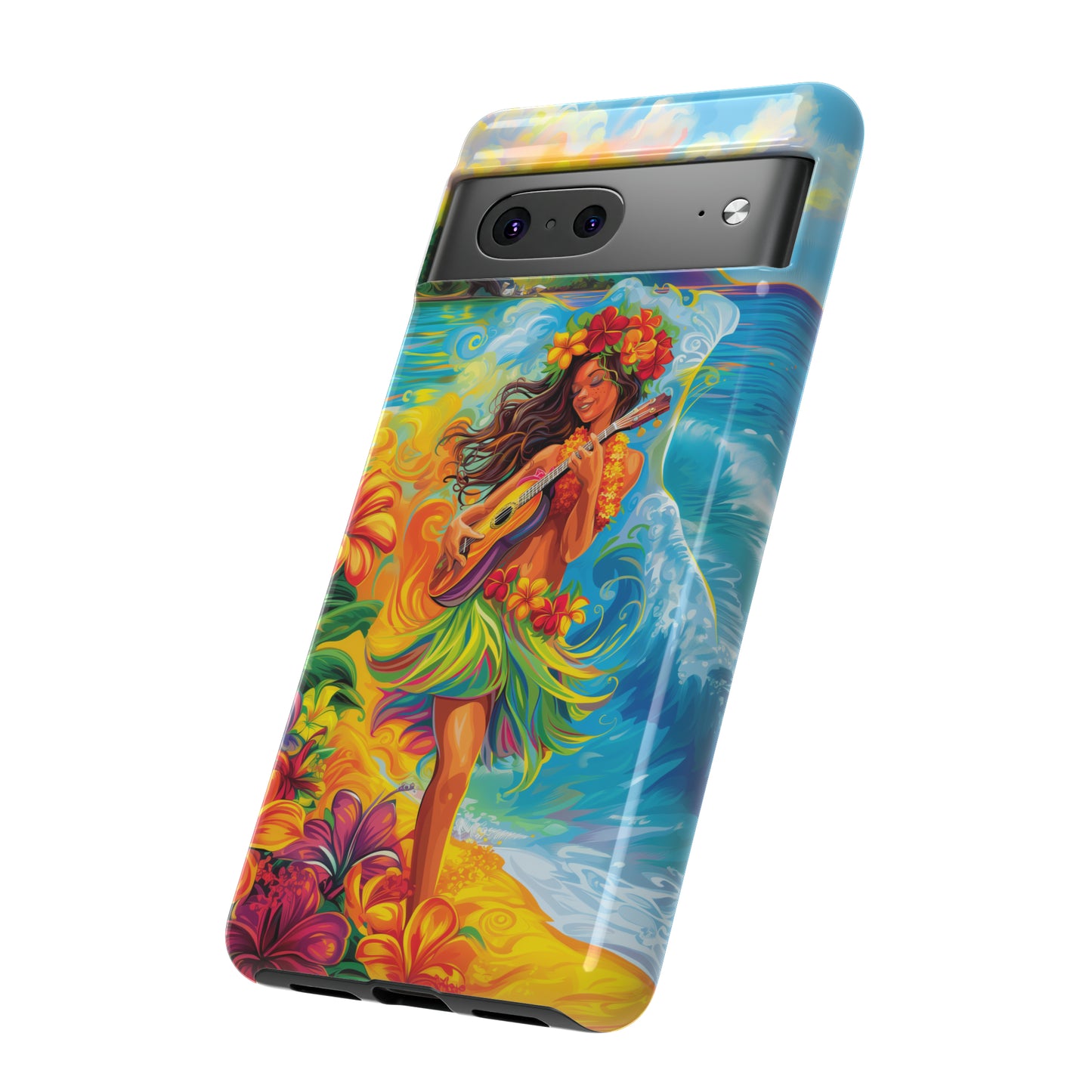 Ukulele Hula Girl Hawaiian Phone Case, Tropical, Hibiscus, Wireless Compatible, Protective Cell Phone Case for iPhone, Samsung, Pixel phones