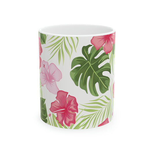 Pink Hibiscus Green Leaves Pattern Hawaiian Ceramic Mug 11oz, Hawaii Mug, HI Mug, Aloha Mug, 808 Mug, Island Mug, Tropical Mug, Coffee Mug