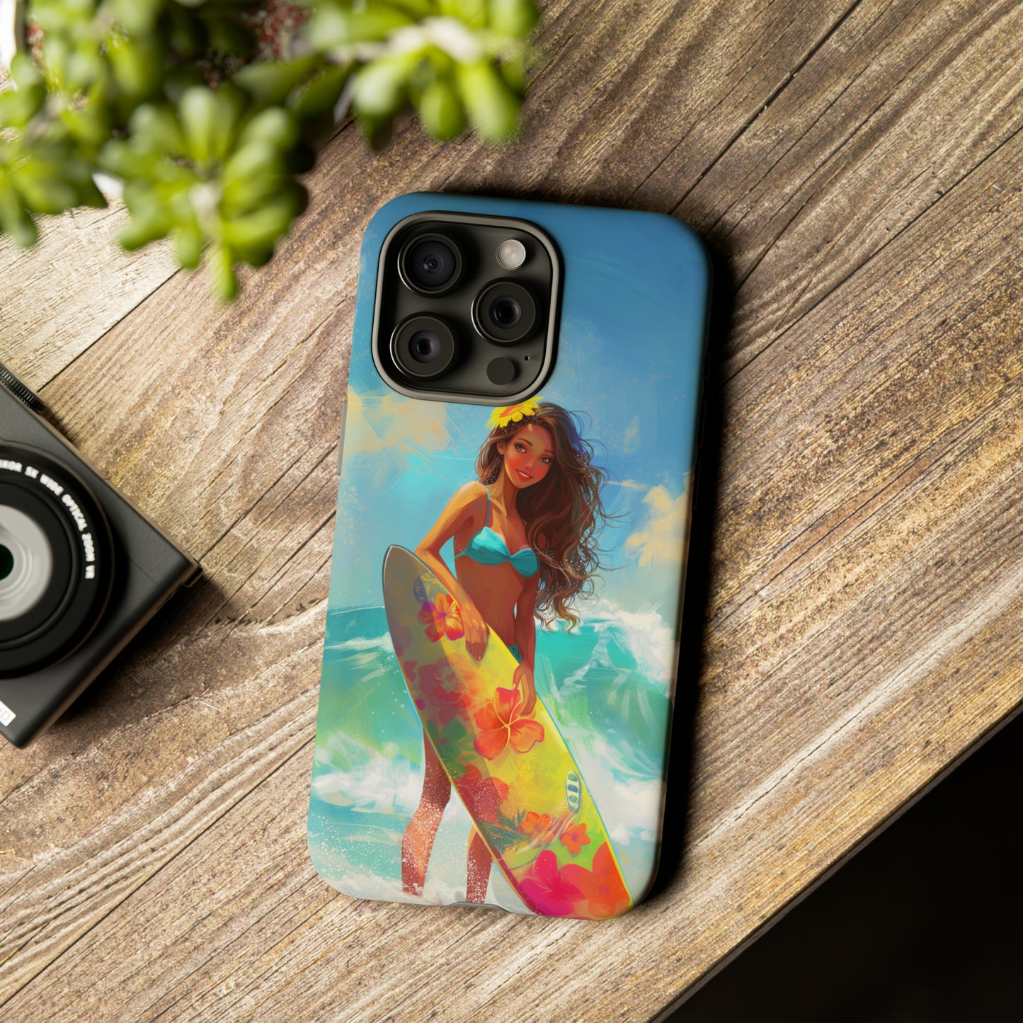 Surfer Girl Hawaiian Phone Case, Tropical, Hibiscus, Wireless Compatible, Protective Cell Phone Case for iPhone, Samsung, Pixel phones