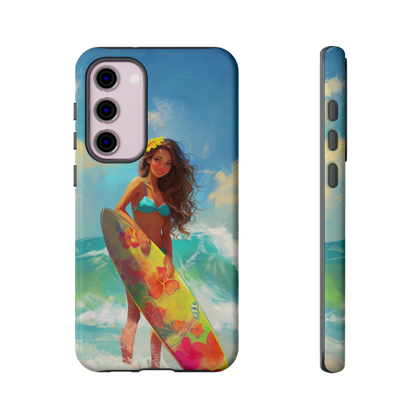 Surfer Girl Hawaiian Phone Case, Tropical, Hibiscus, Wireless Compatible, Protective Cell Phone Case for iPhone, Samsung, Pixel phones