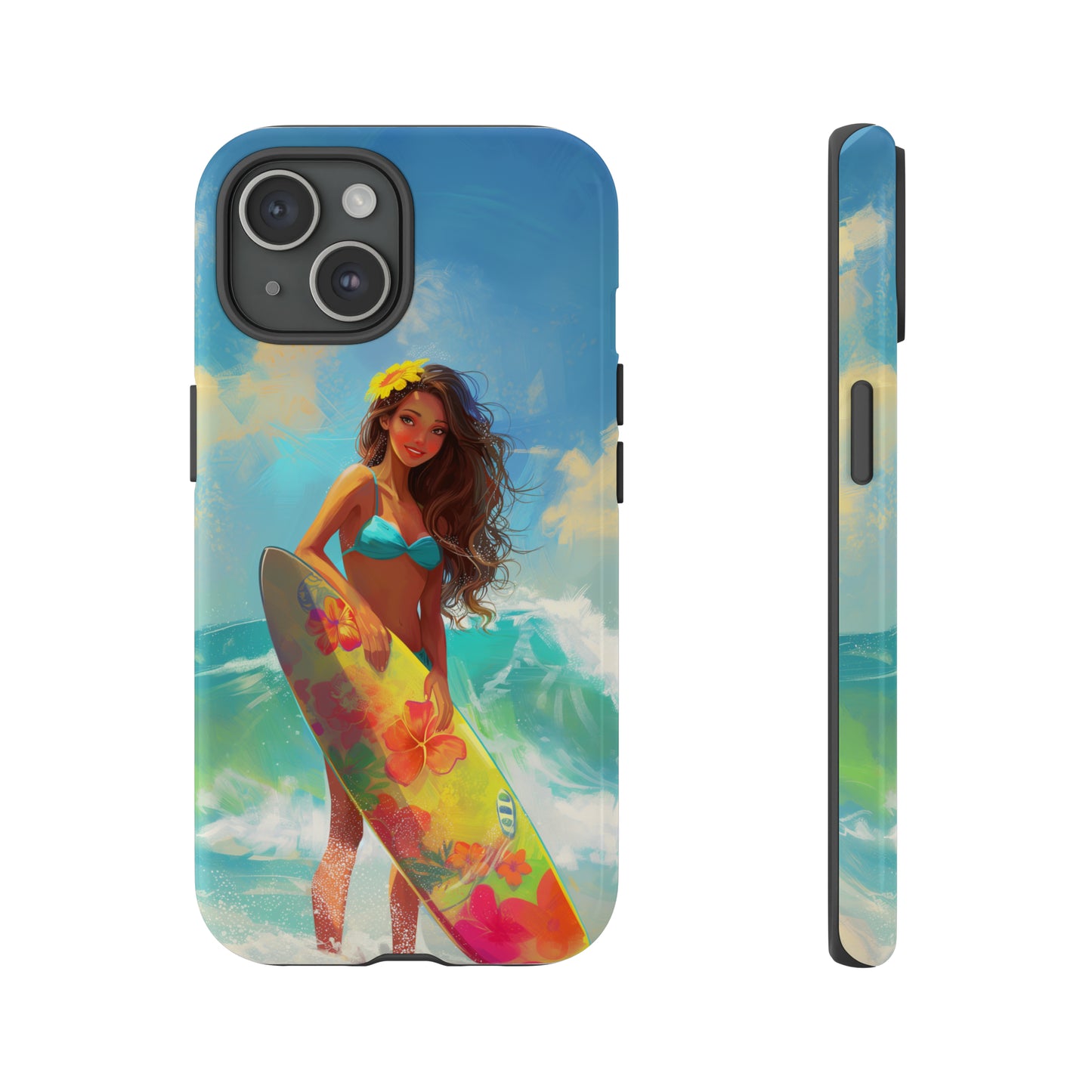 Surfer Girl Hawaiian Phone Case, Tropical, Hibiscus, Wireless Compatible, Protective Cell Phone Case for iPhone, Samsung, Pixel phones