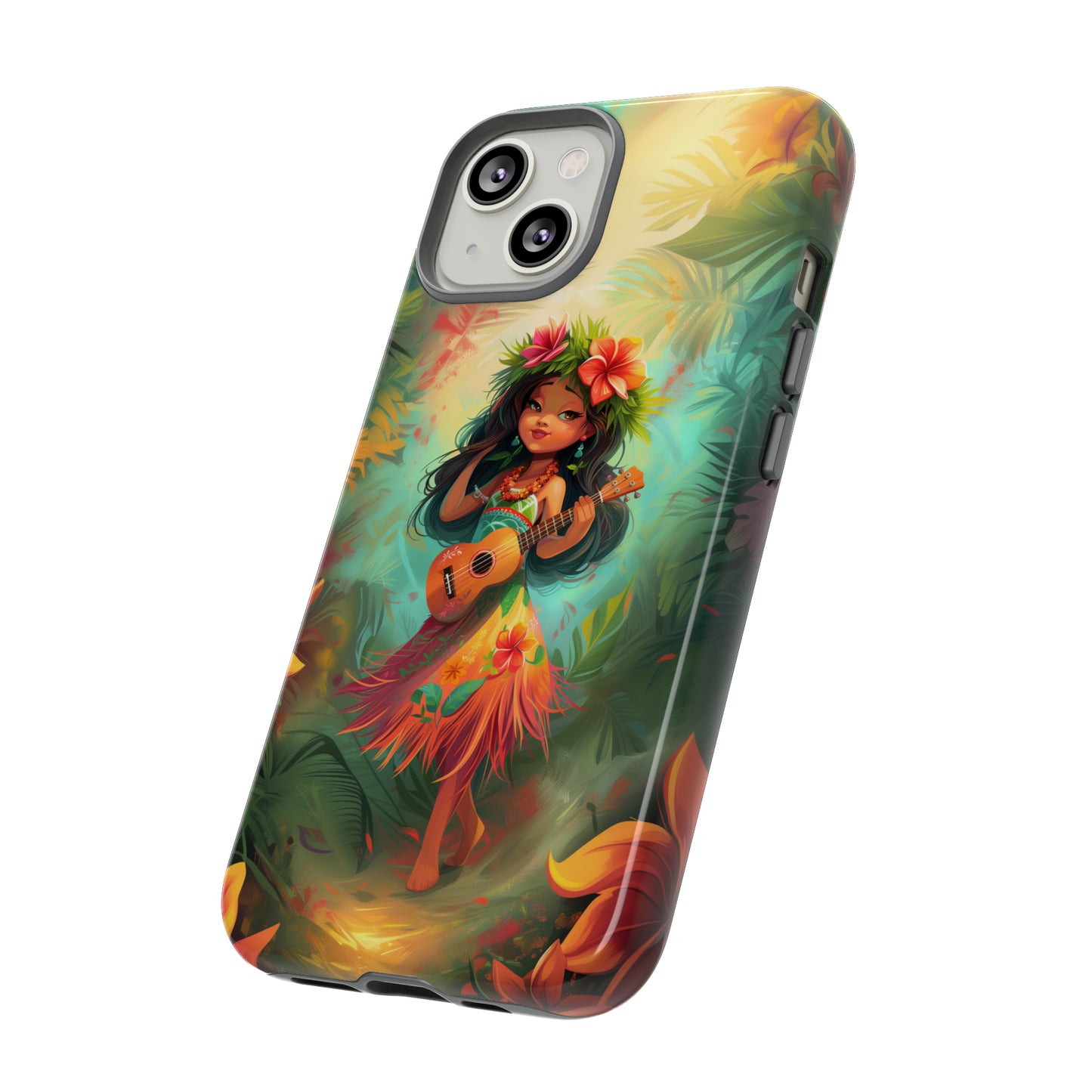 Cute Hula Girl Ukulele Hawaiian Phone Case, Tropical, Hibiscus, Wireless Compatible, Protective Cell Phone Case for iPhone, Samsung, Pixel
