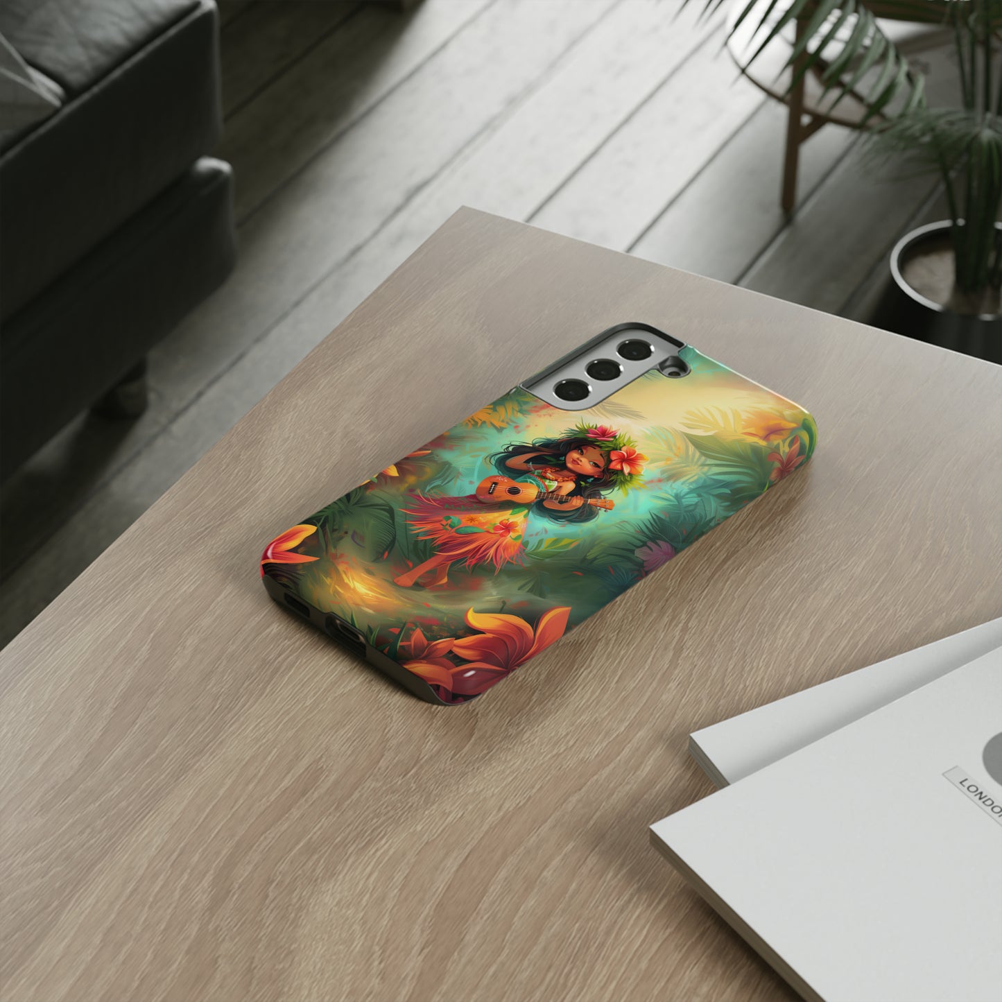 Cute Hula Girl Ukulele Hawaiian Phone Case, Tropical, Hibiscus, Wireless Compatible, Protective Cell Phone Case for iPhone, Samsung, Pixel