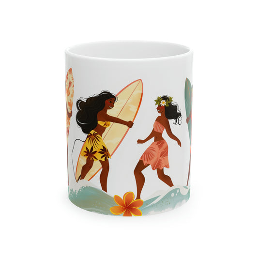 Surfers Ladies Surfboards Hawaiian Ceramic Mug 11oz, Hawaii Mug, HI Mug, Aloha Mug, 808 Mug, Island Mug, Tropical Coffee Mug, Women Surf