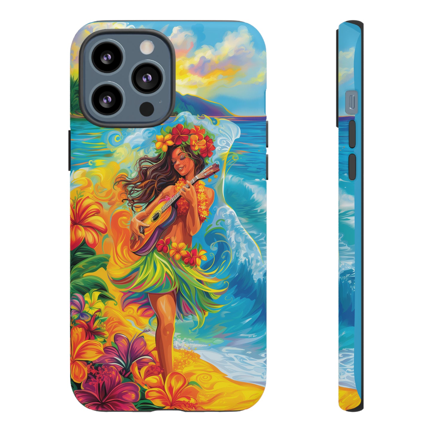 Ukulele Hula Girl Hawaiian Phone Case, Tropical, Hibiscus, Wireless Compatible, Protective Cell Phone Case for iPhone, Samsung, Pixel phones