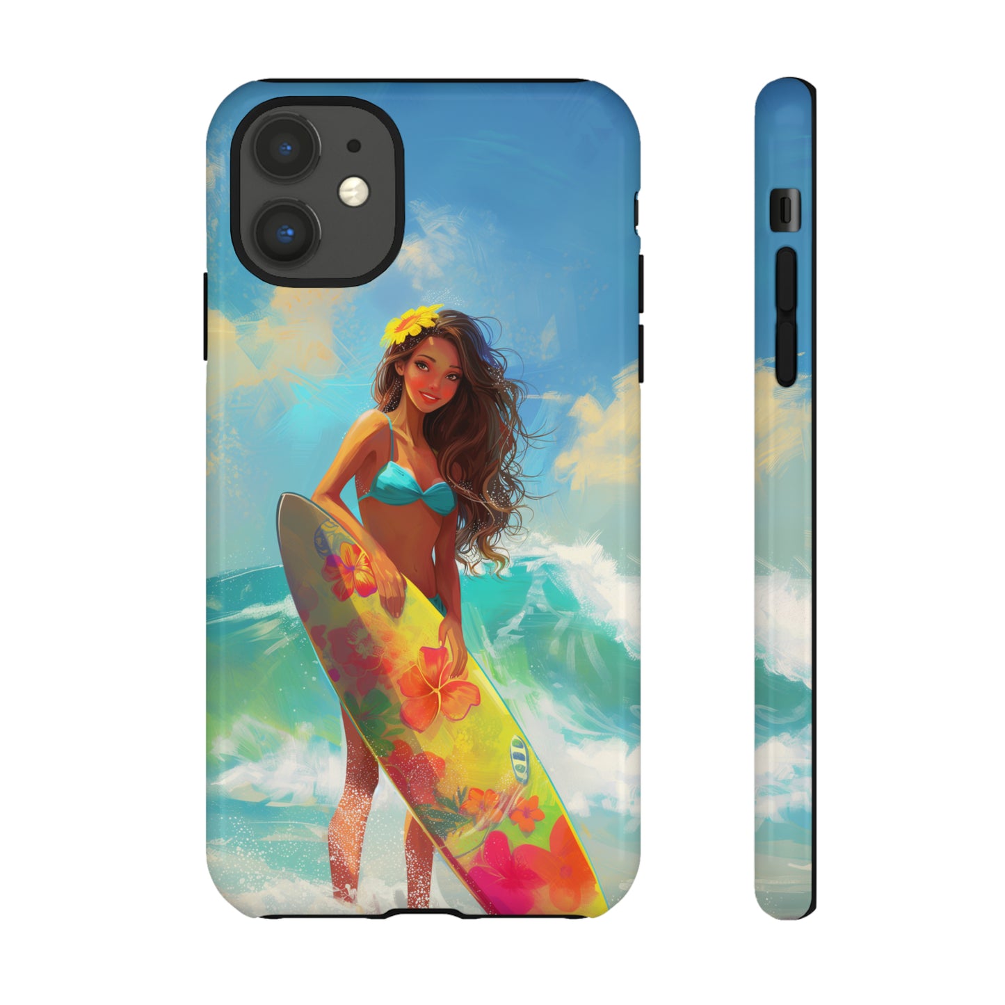 Surfer Girl Hawaiian Phone Case, Tropical, Hibiscus, Wireless Compatible, Protective Cell Phone Case for iPhone, Samsung, Pixel phones