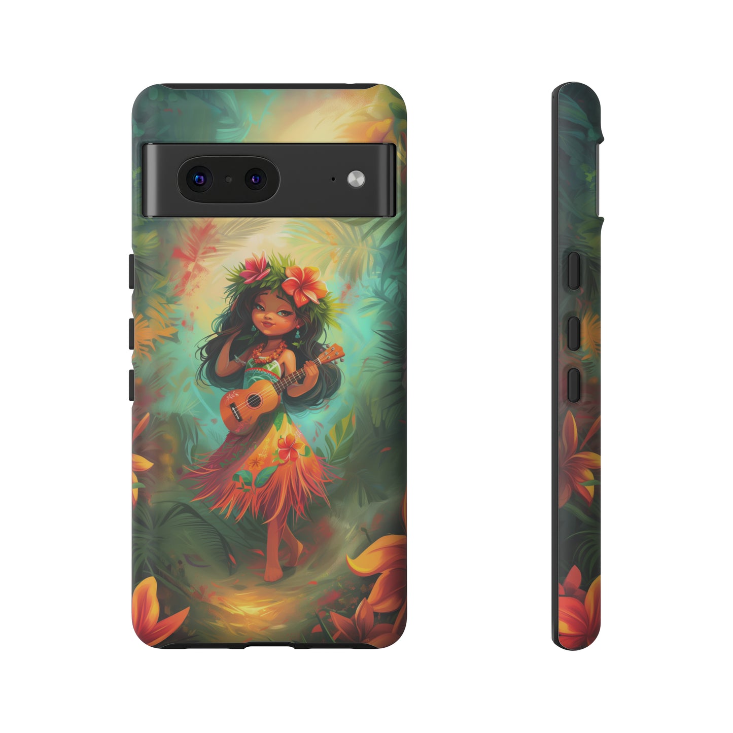 Cute Hula Girl Ukulele Hawaiian Phone Case, Tropical, Hibiscus, Wireless Compatible, Protective Cell Phone Case for iPhone, Samsung, Pixel