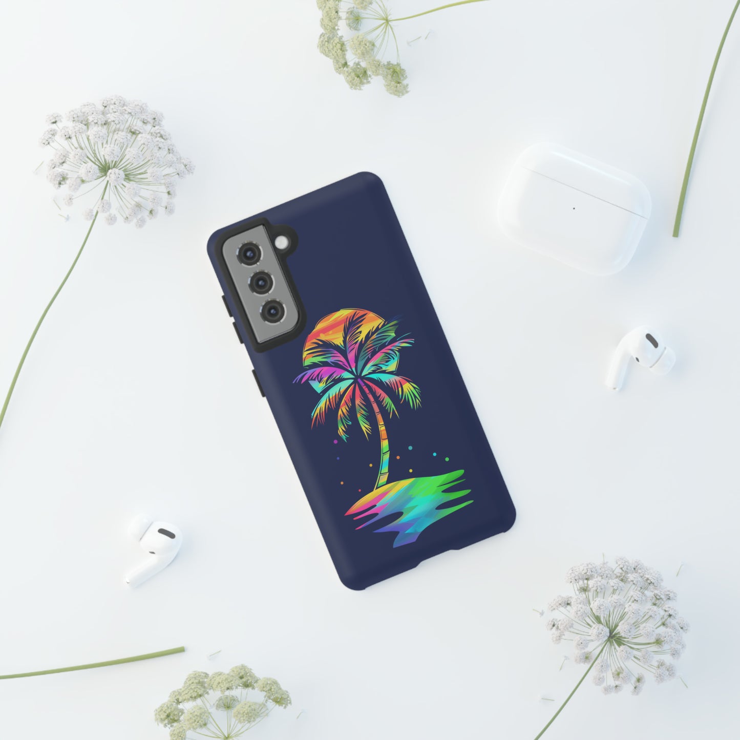 Night Palm Tree Hawaiian Phone Case, Tropical, Hibiscus, Wireless Compatible, Protective Cell Phone Case for iPhone, Samsung, Pixel phones