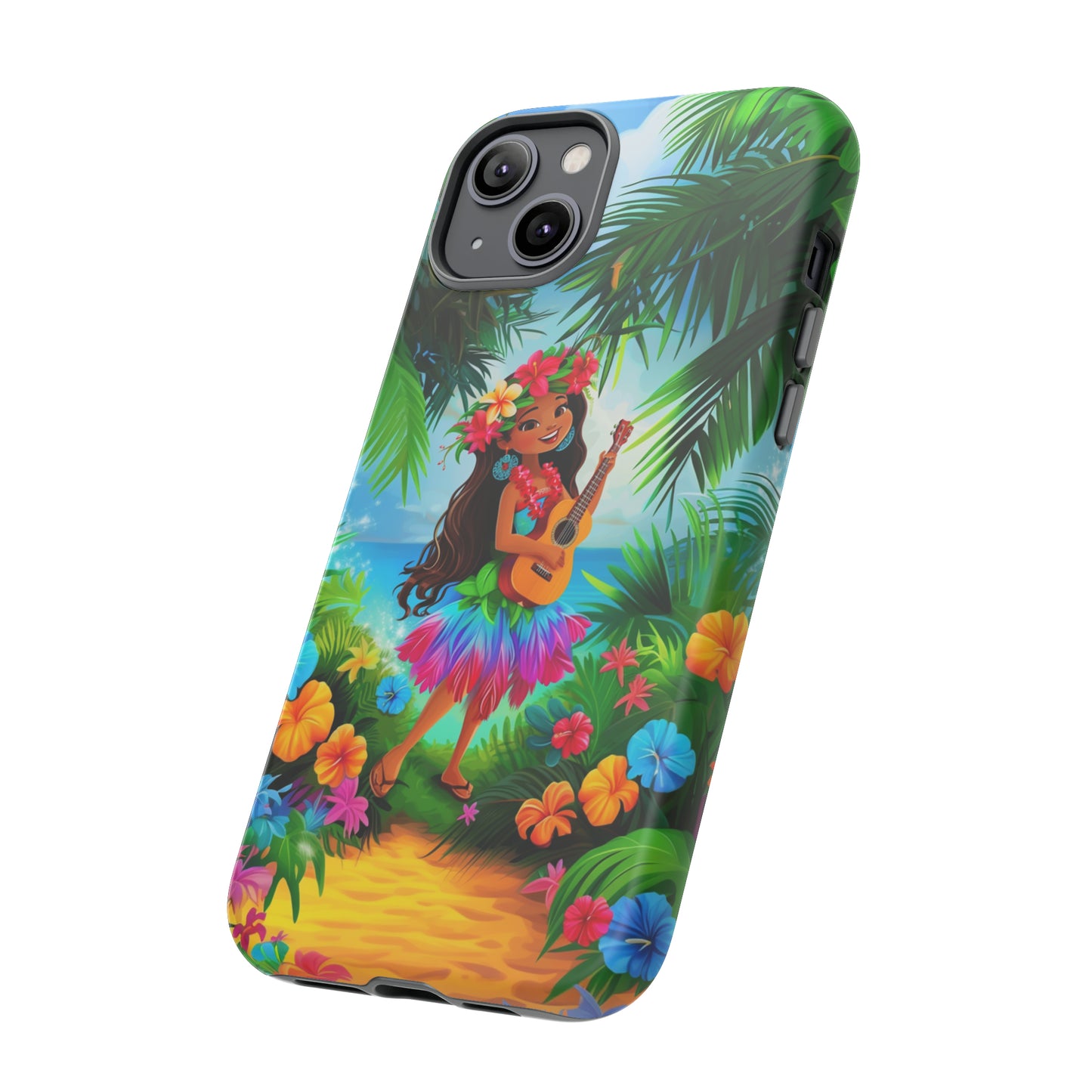 Hula Girl Ukulele Hawaiian Phone Case, Tropical, Hibiscus, Wireless Compatible, Protective Cell Phone Case for iPhone, Samsung, Pixel phones