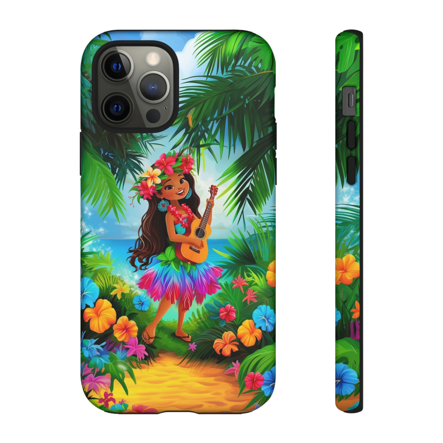 Hula Girl Ukulele Hawaiian Phone Case, Tropical, Hibiscus, Wireless Compatible, Protective Cell Phone Case for iPhone, Samsung, Pixel phones