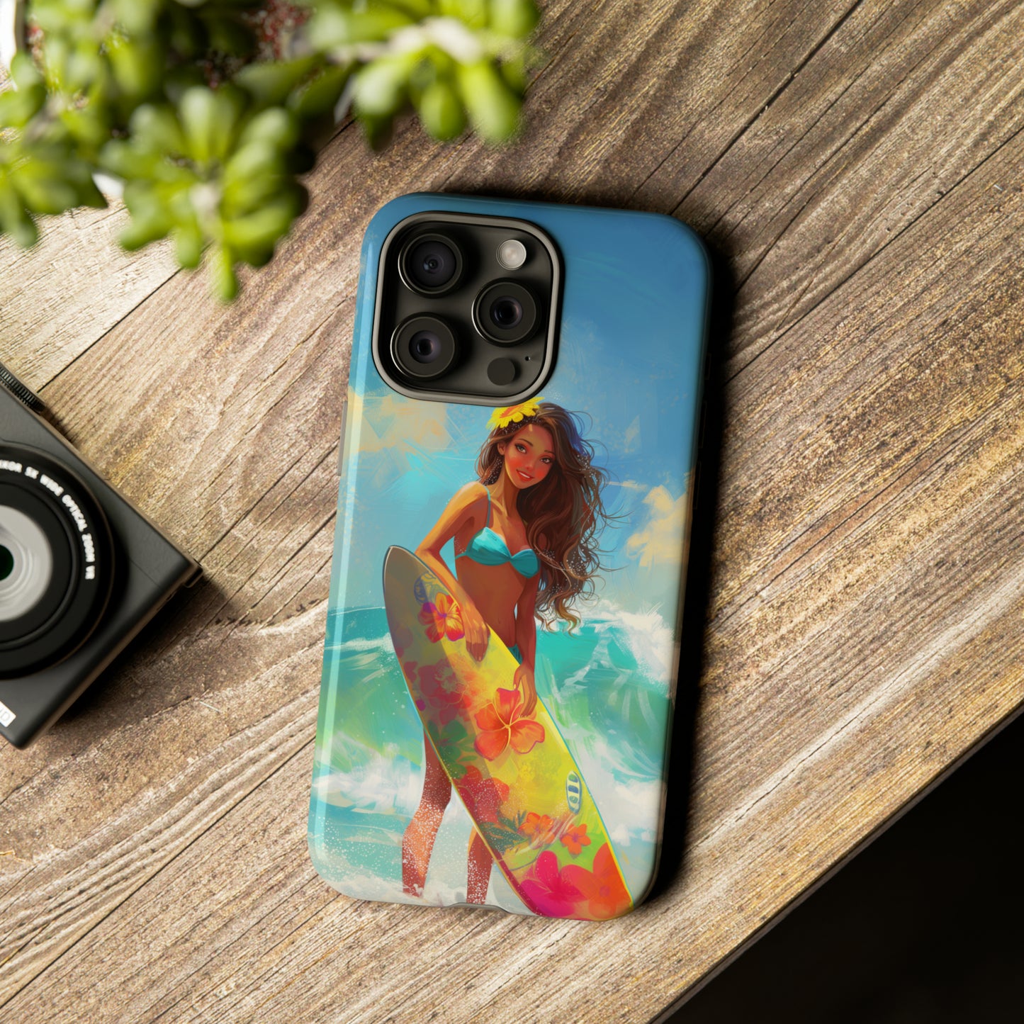 Surfer Girl Hawaiian Phone Case, Tropical, Hibiscus, Wireless Compatible, Protective Cell Phone Case for iPhone, Samsung, Pixel phones