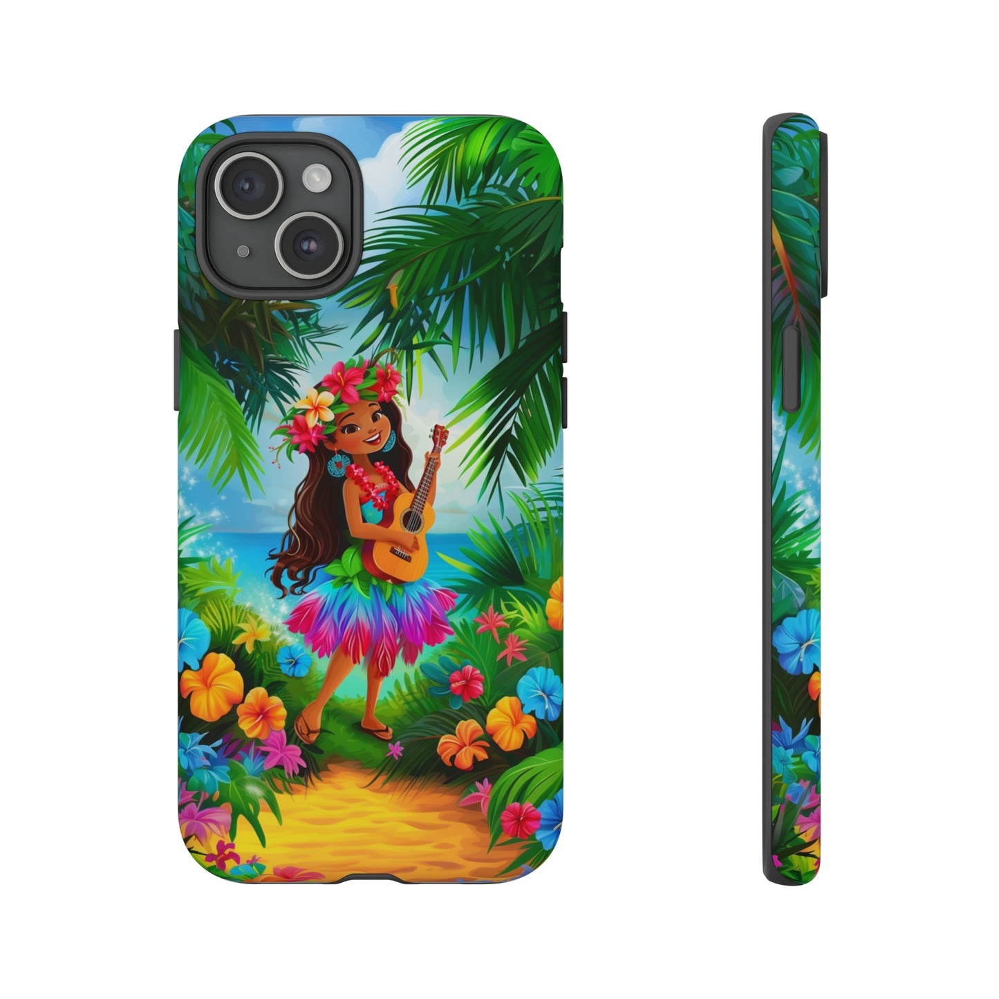 Hula Girl Ukulele Hawaiian Phone Case, Tropical, Hibiscus, Wireless Compatible, Protective Cell Phone Case for iPhone, Samsung, Pixel phones