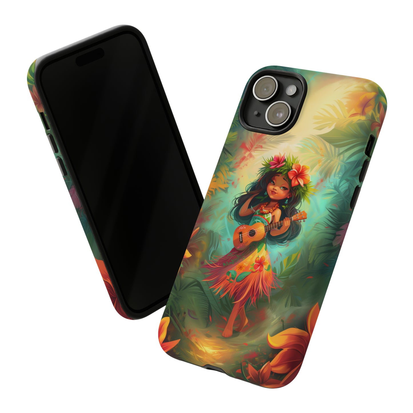 Cute Hula Girl Ukulele Hawaiian Phone Case, Tropical, Hibiscus, Wireless Compatible, Protective Cell Phone Case for iPhone, Samsung, Pixel