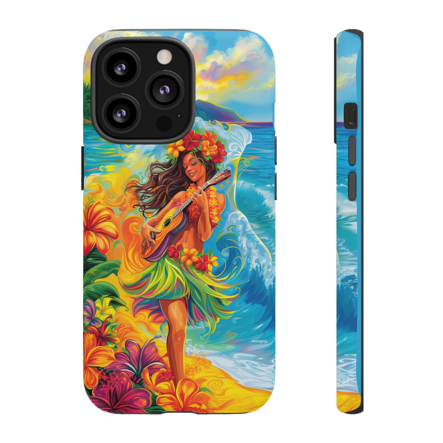 Ukulele Hula Girl Hawaiian Phone Case, Tropical, Hibiscus, Wireless Compatible, Protective Cell Phone Case for iPhone, Samsung, Pixel phones
