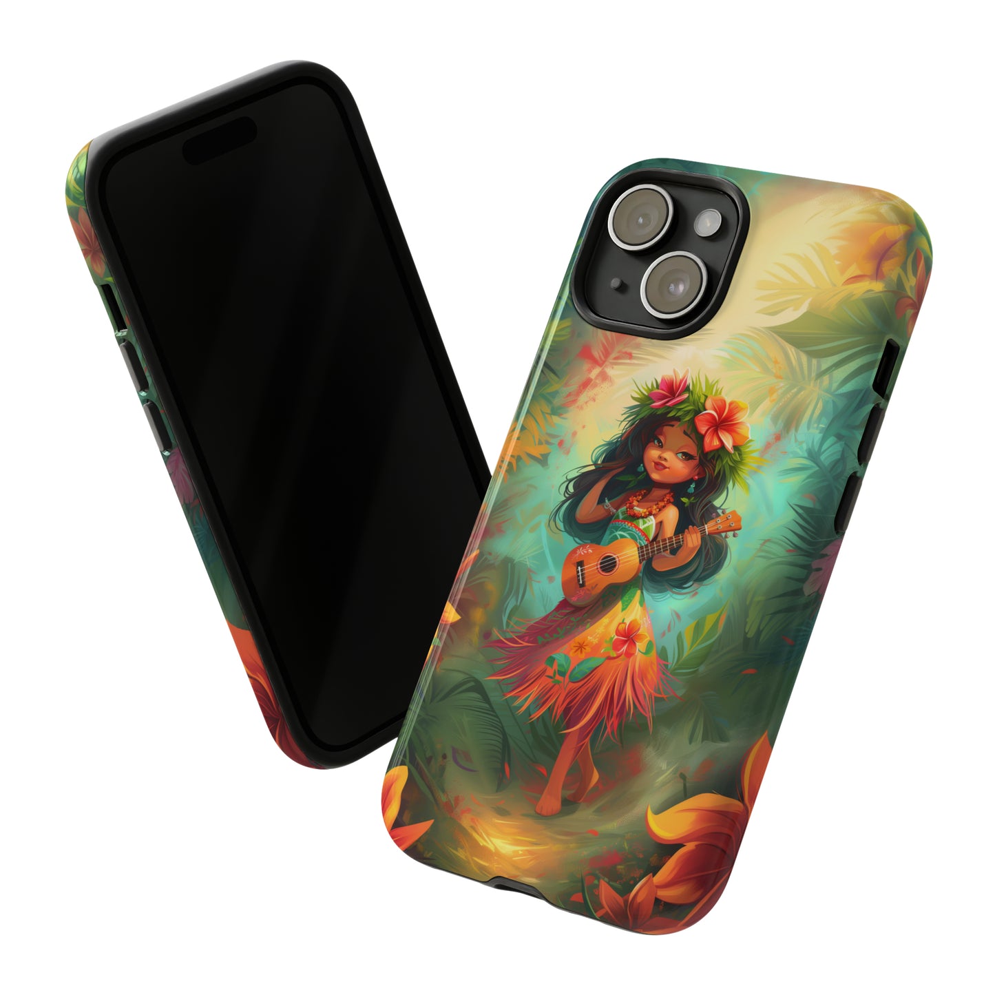 Cute Hula Girl Ukulele Hawaiian Phone Case, Tropical, Hibiscus, Wireless Compatible, Protective Cell Phone Case for iPhone, Samsung, Pixel