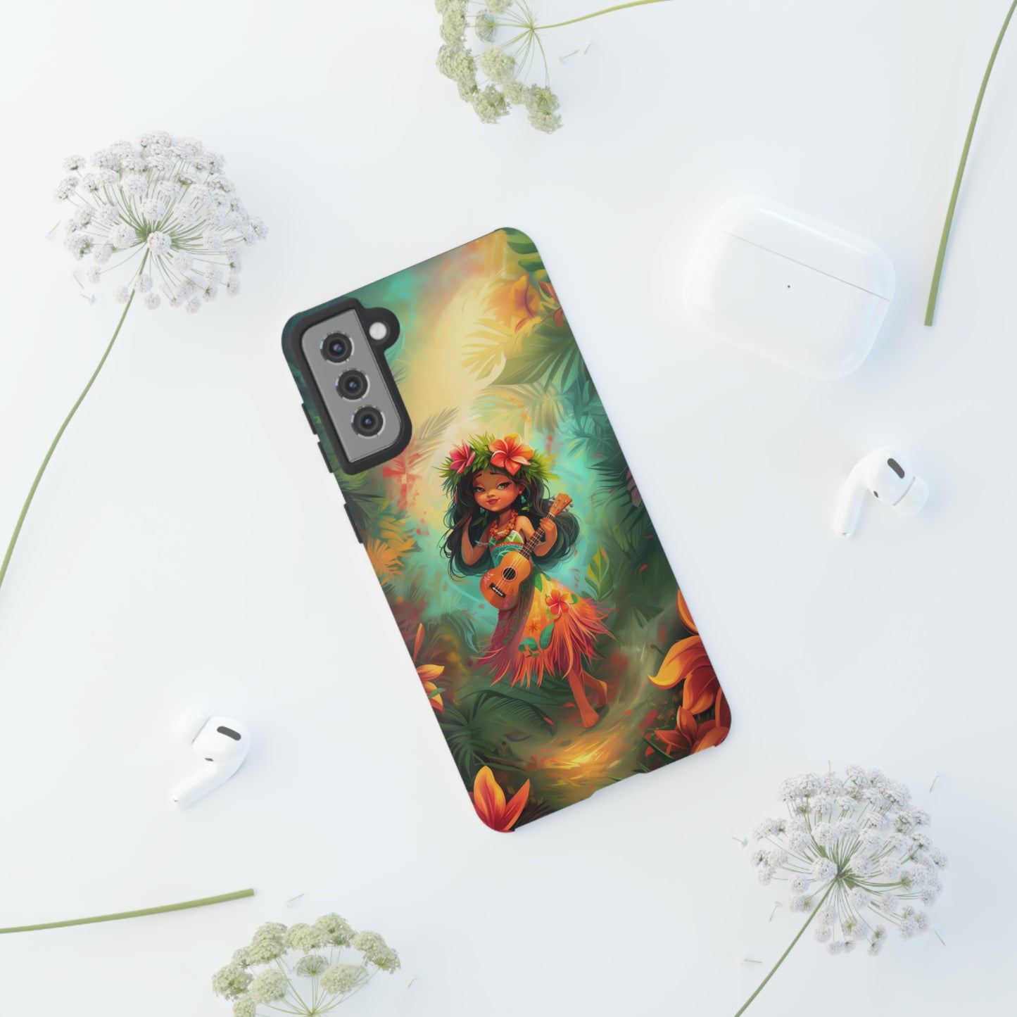 Cute Hula Girl Ukulele Hawaiian Phone Case, Tropical, Hibiscus, Wireless Compatible, Protective Cell Phone Case for iPhone, Samsung, Pixel