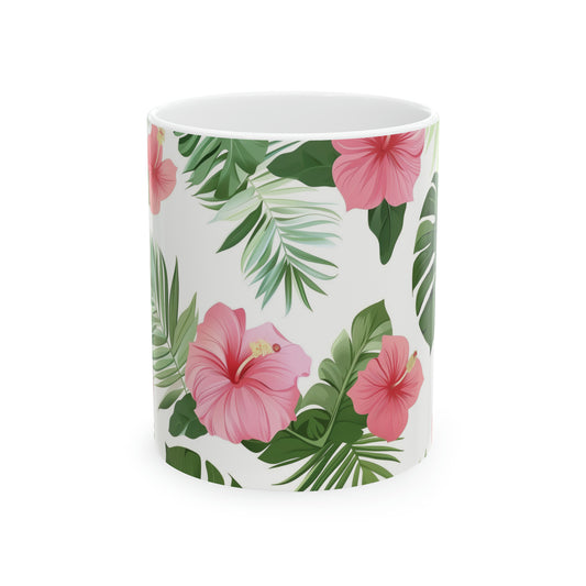 Hibiscus Pink Leaves Green Pattern Hawaiian Ceramic Mug 11oz, Hawaii Mug, HI Mug, Aloha Mug, 808 Mug, Island Mug, Tropical Mug, Coffee Mug