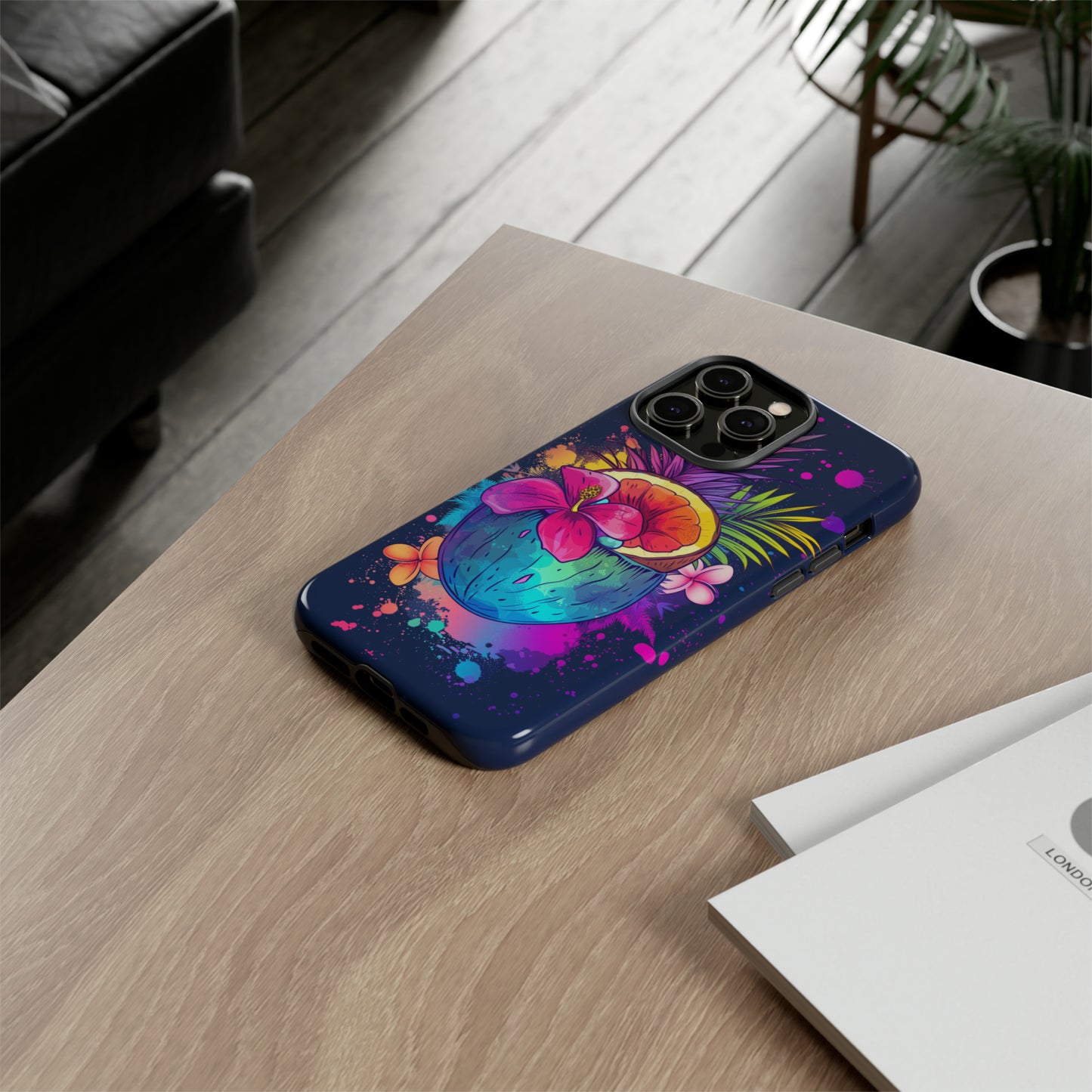 Coconut Dark Colorful Hawaiian Tropical Phone Case, Island Tropics, Wireless Compatible, Protective Cell Phone Case iPhone, Samsung, Pixel