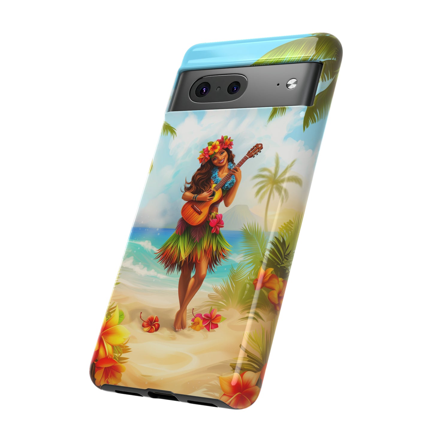Hula Girl Guitar Hawaiian Phone Case, Tropical, Hibiscus, Wireless Compatible, Protective Cell Phone Case for iPhone, Samsung, Pixel phones
