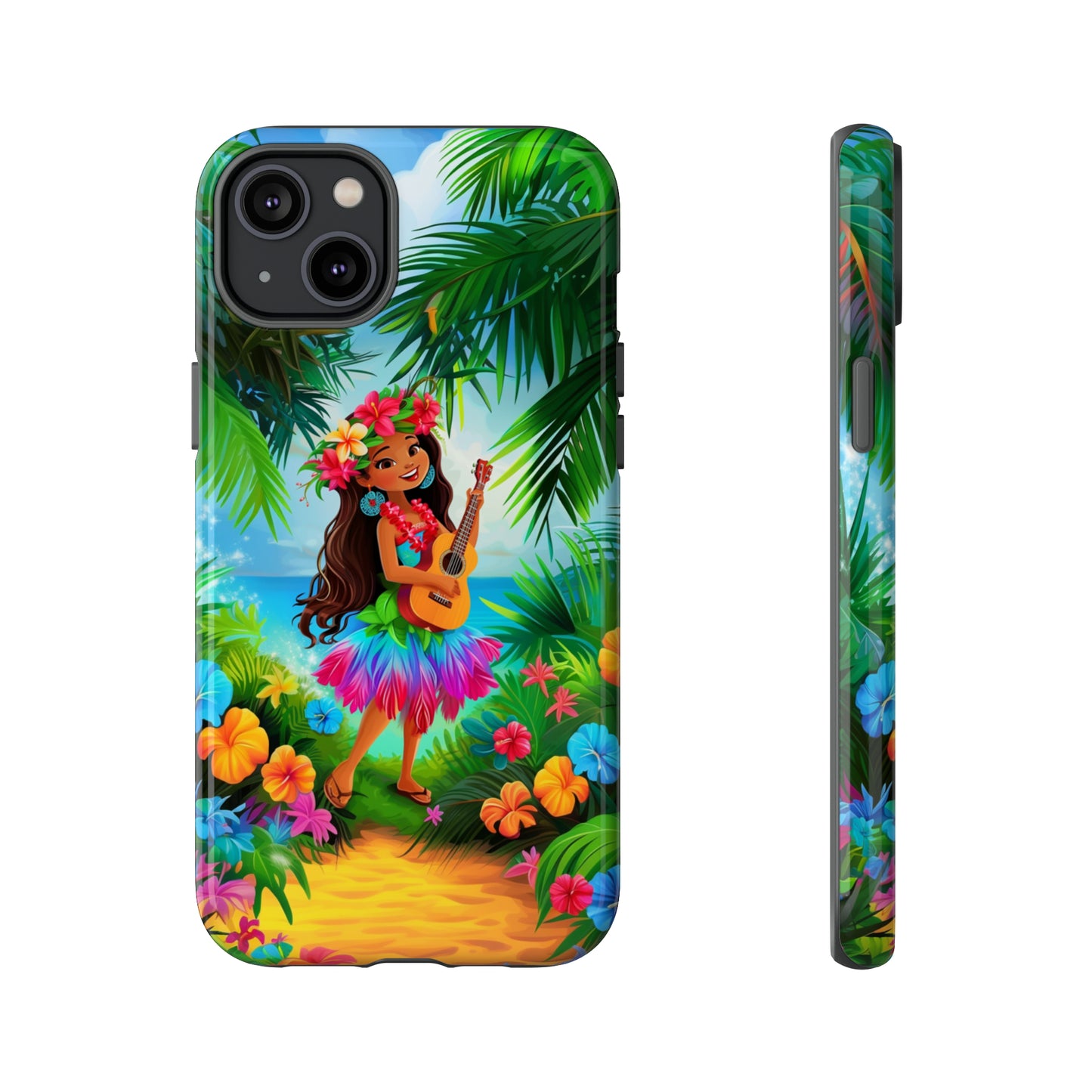 Hula Girl Ukulele Hawaiian Phone Case, Tropical, Hibiscus, Wireless Compatible, Protective Cell Phone Case for iPhone, Samsung, Pixel phones