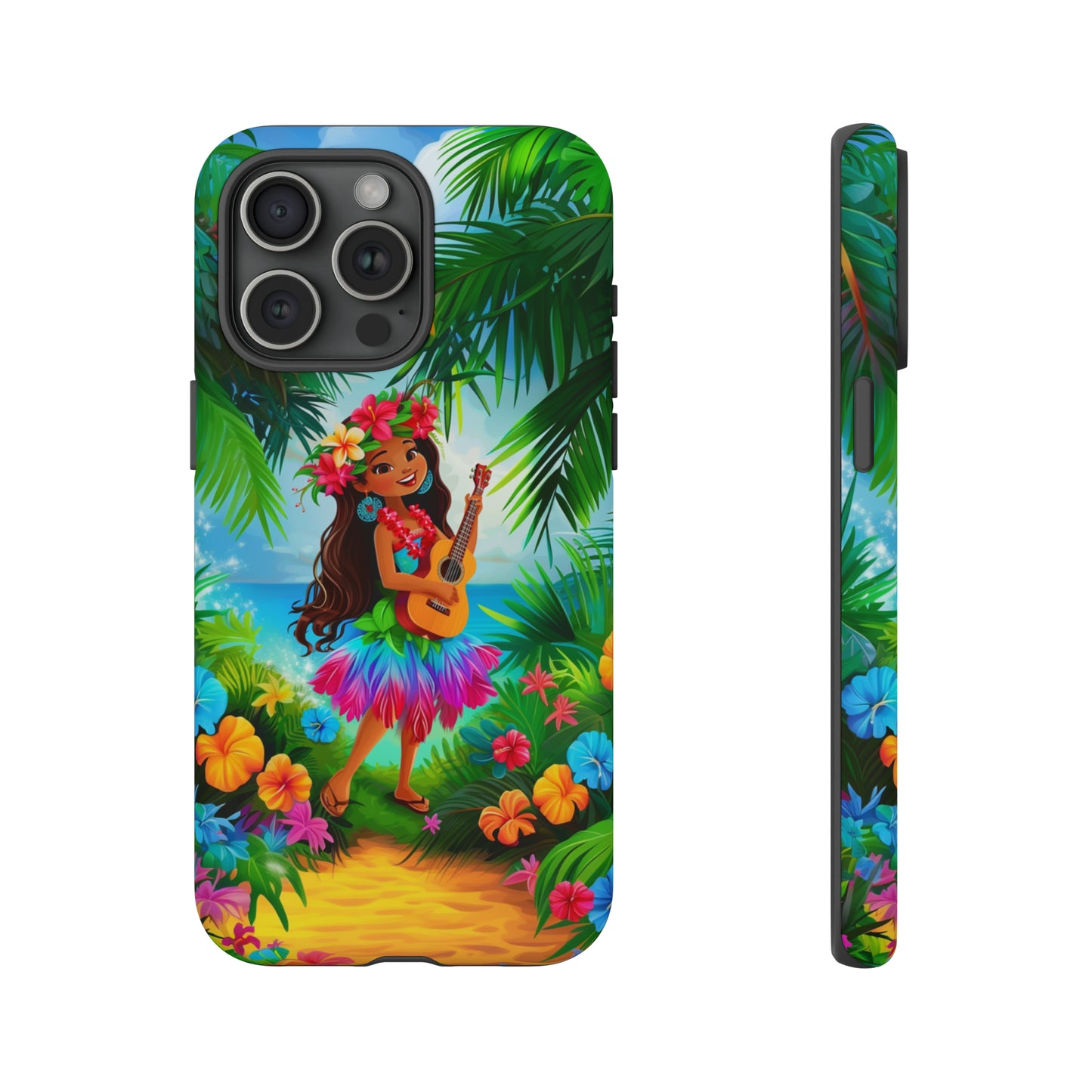 Hula Girl Ukulele Hawaiian Phone Case, Tropical, Hibiscus, Wireless Compatible, Protective Cell Phone Case for iPhone, Samsung, Pixel phones