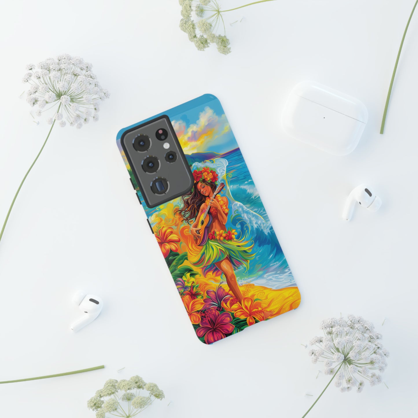 Ukulele Hula Girl Hawaiian Phone Case, Tropical, Hibiscus, Wireless Compatible, Protective Cell Phone Case for iPhone, Samsung, Pixel phones
