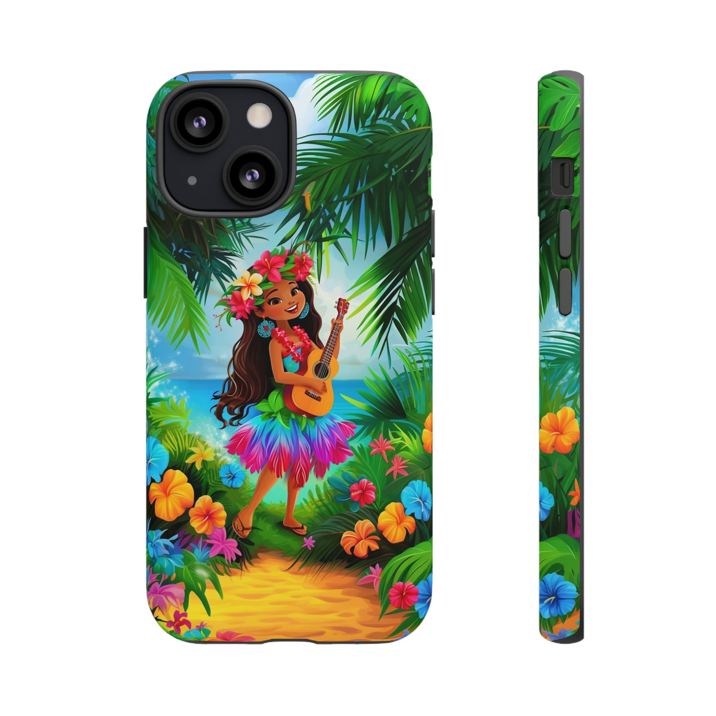 Hula Girl Ukulele Hawaiian Phone Case, Tropical, Hibiscus, Wireless Compatible, Protective Cell Phone Case for iPhone, Samsung, Pixel phones