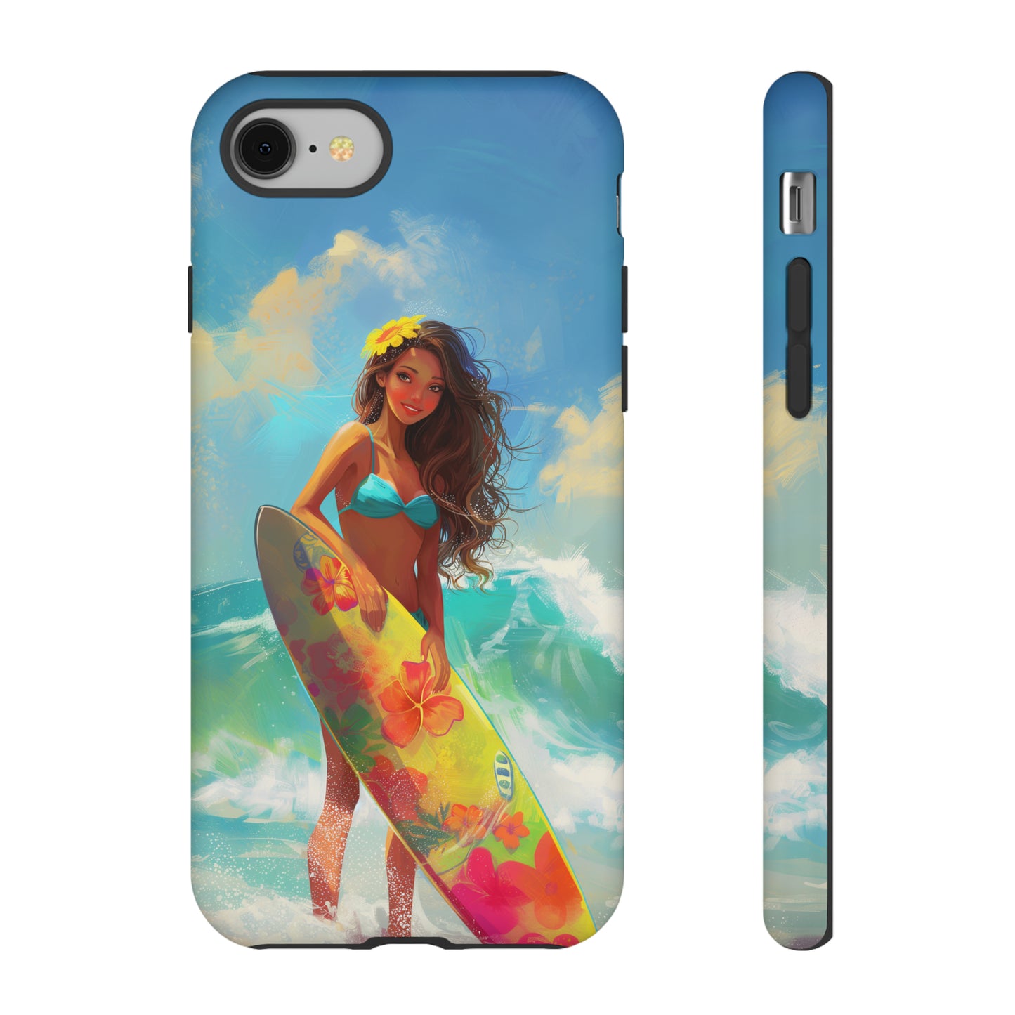 Surfer Girl Hawaiian Phone Case, Tropical, Hibiscus, Wireless Compatible, Protective Cell Phone Case for iPhone, Samsung, Pixel phones