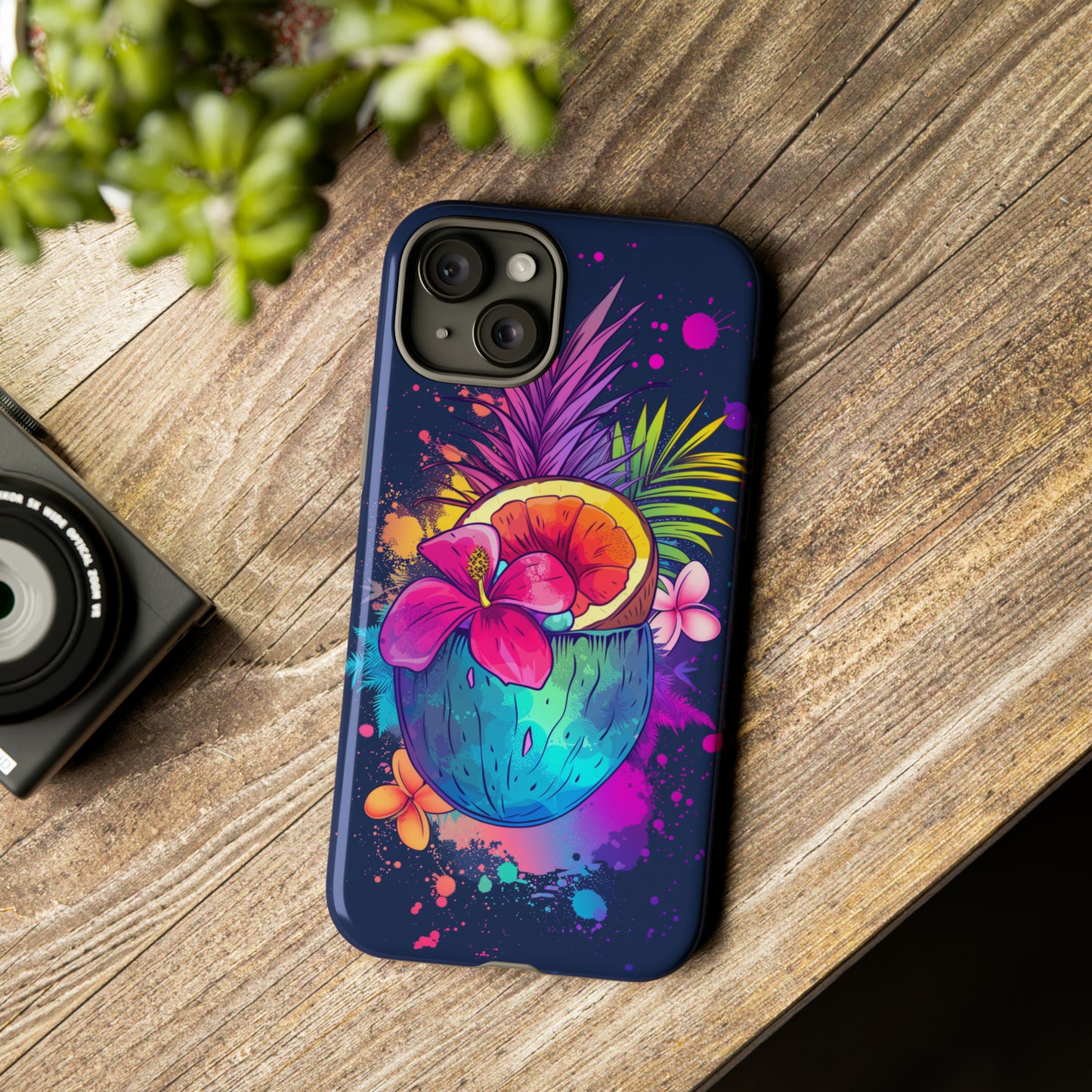 Coconut Dark Colorful Hawaiian Tropical Phone Case, Island Tropics, Wireless Compatible, Protective Cell Phone Case iPhone, Samsung, Pixel