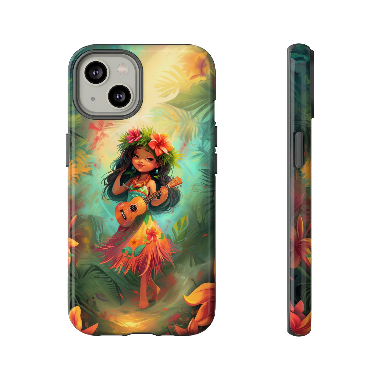 Cute Hula Girl Ukulele Hawaiian Phone Case, Tropical, Hibiscus, Wireless Compatible, Protective Cell Phone Case for iPhone, Samsung, Pixel