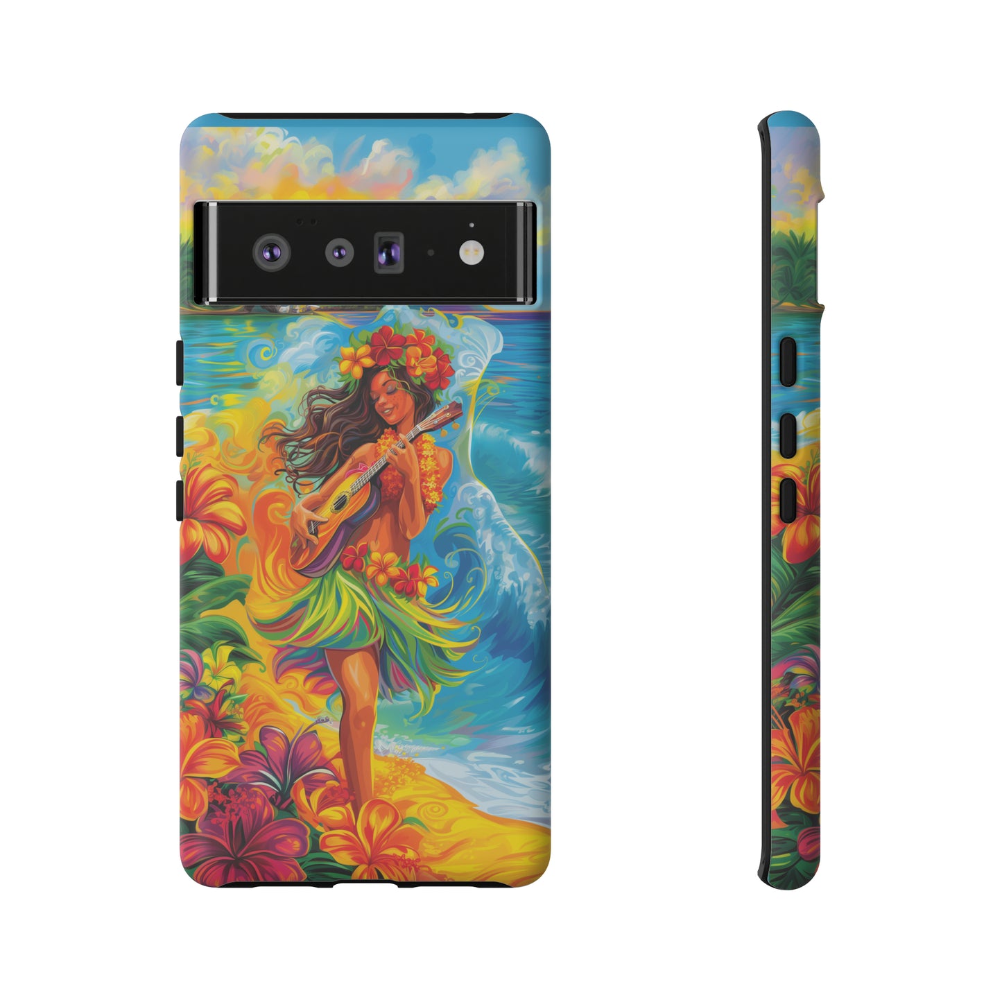 Ukulele Hula Girl Hawaiian Phone Case, Tropical, Hibiscus, Wireless Compatible, Protective Cell Phone Case for iPhone, Samsung, Pixel phones
