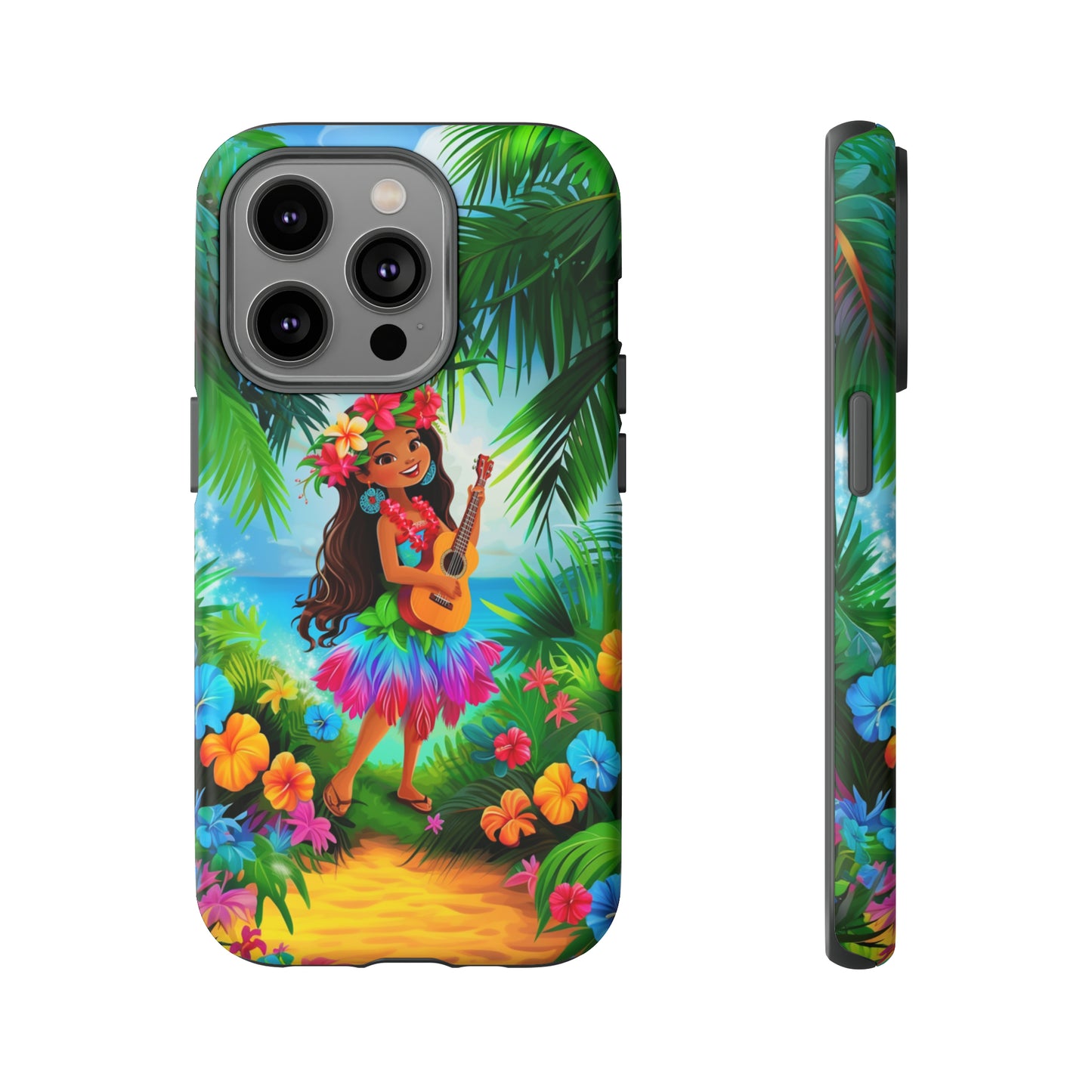 Hula Girl Ukulele Hawaiian Phone Case, Tropical, Hibiscus, Wireless Compatible, Protective Cell Phone Case for iPhone, Samsung, Pixel phones