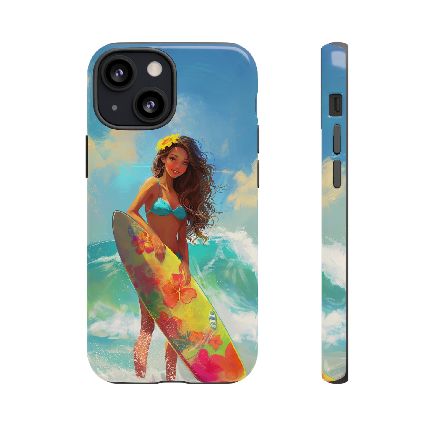 Surfer Girl Hawaiian Phone Case, Tropical, Hibiscus, Wireless Compatible, Protective Cell Phone Case for iPhone, Samsung, Pixel phones