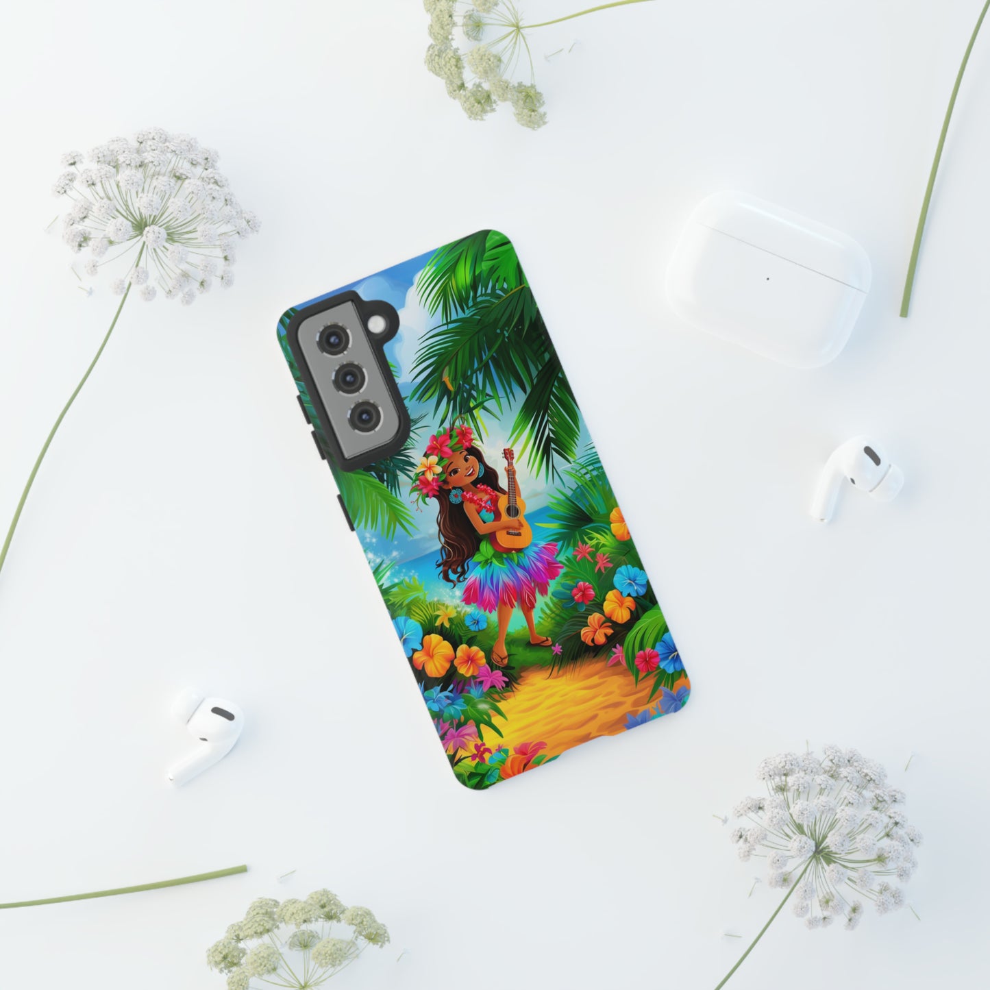Hula Girl Ukulele Hawaiian Phone Case, Tropical, Hibiscus, Wireless Compatible, Protective Cell Phone Case for iPhone, Samsung, Pixel phones