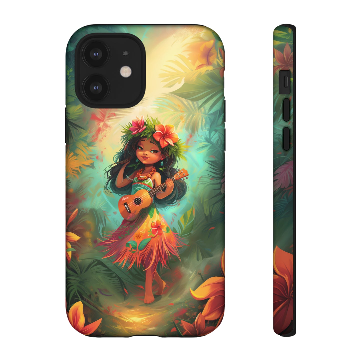 Cute Hula Girl Ukulele Hawaiian Phone Case, Tropical, Hibiscus, Wireless Compatible, Protective Cell Phone Case for iPhone, Samsung, Pixel