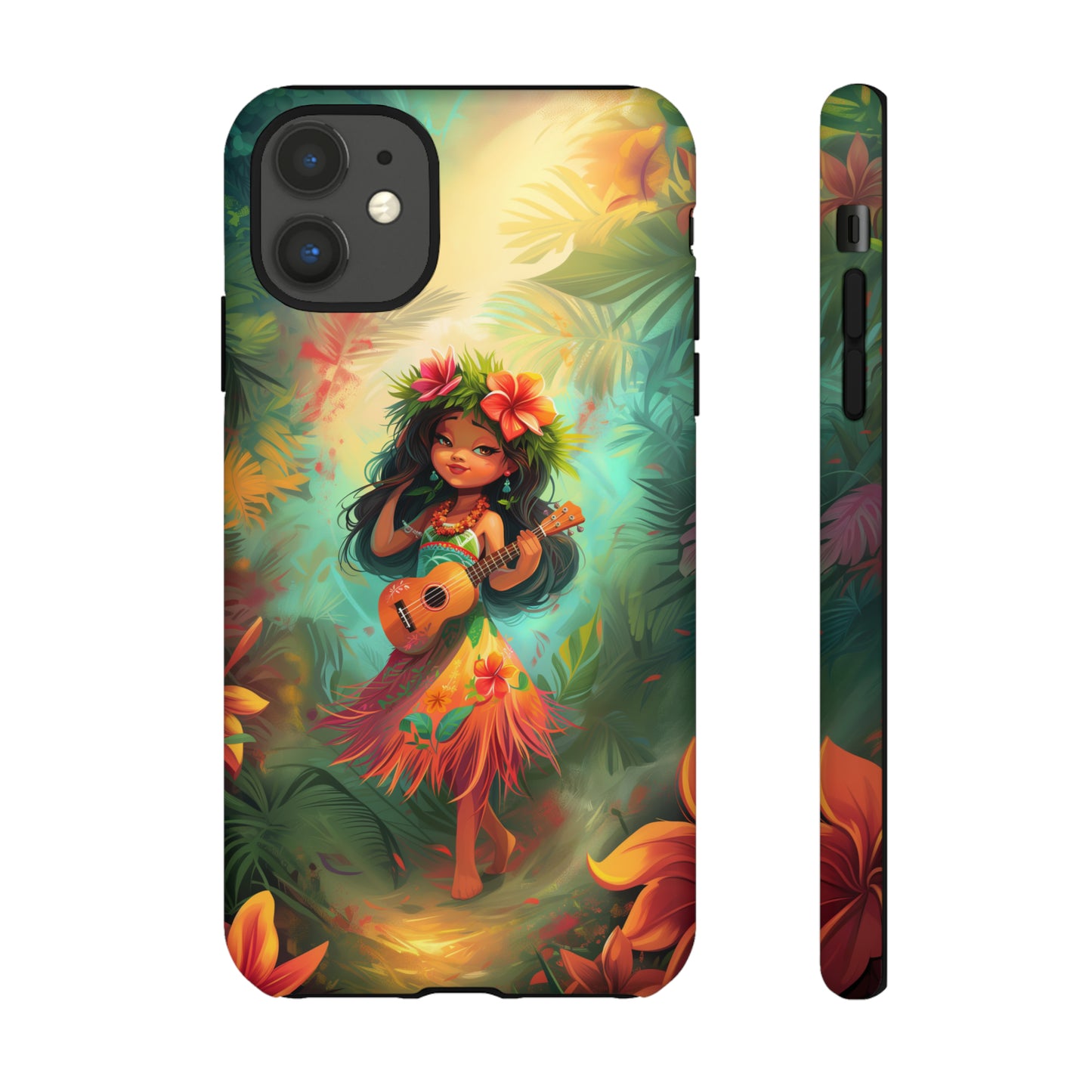 Cute Hula Girl Ukulele Hawaiian Phone Case, Tropical, Hibiscus, Wireless Compatible, Protective Cell Phone Case for iPhone, Samsung, Pixel
