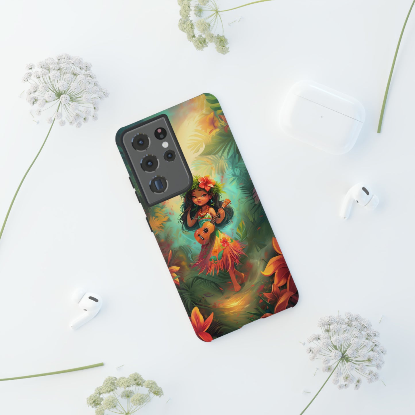 Cute Hula Girl Ukulele Hawaiian Phone Case, Tropical, Hibiscus, Wireless Compatible, Protective Cell Phone Case for iPhone, Samsung, Pixel