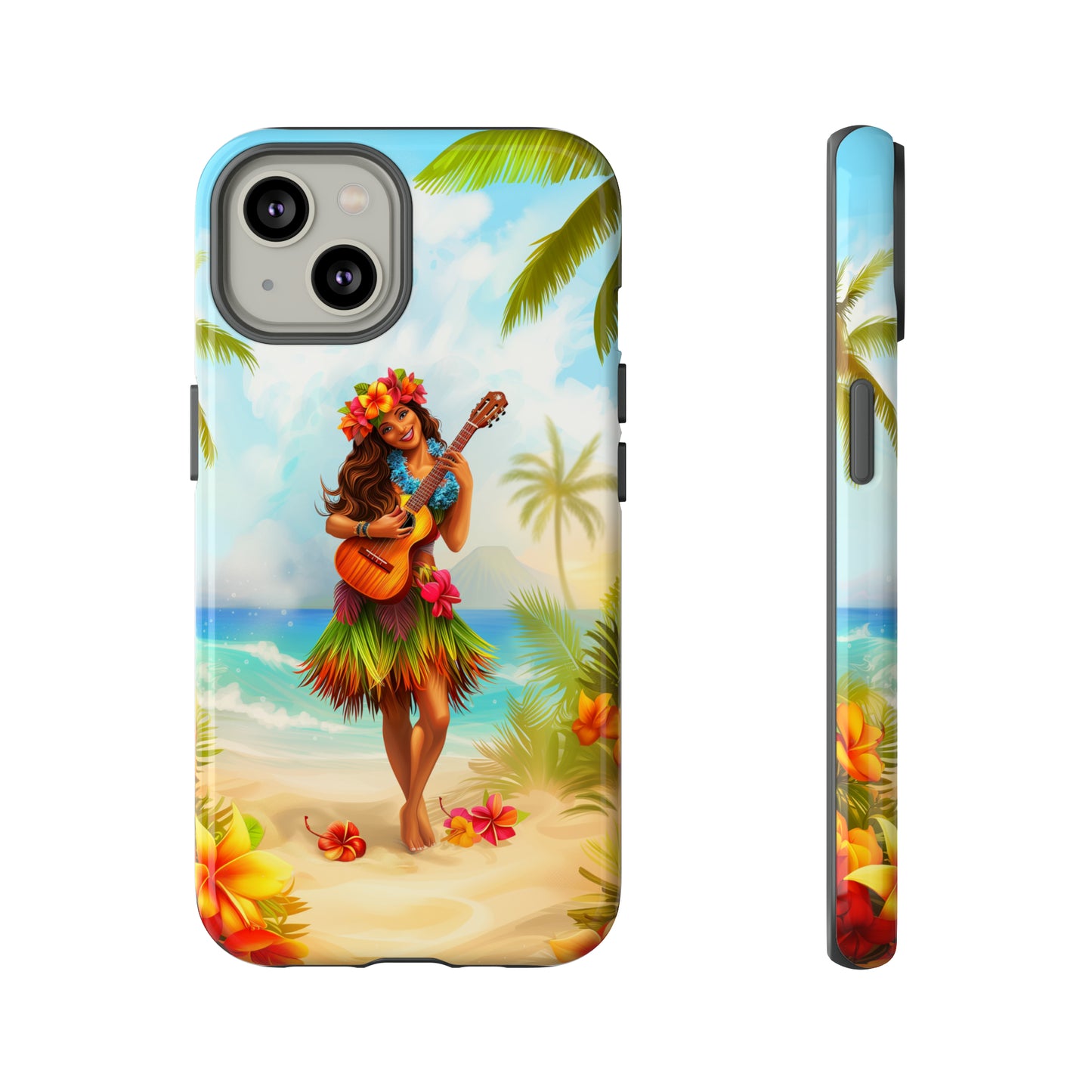 Hula Girl Guitar Hawaiian Phone Case, Tropical, Hibiscus, Wireless Compatible, Protective Cell Phone Case for iPhone, Samsung, Pixel phones