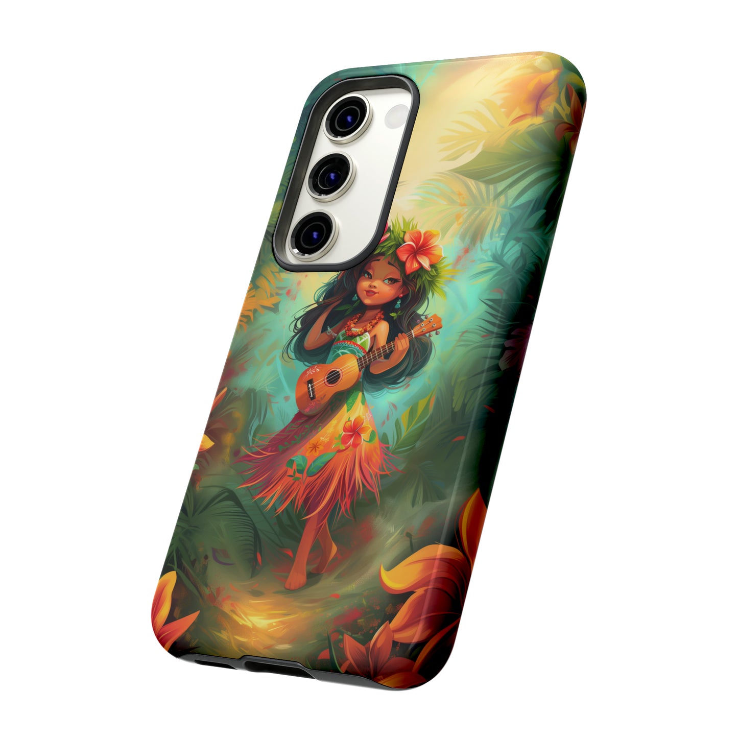 Cute Hula Girl Ukulele Hawaiian Phone Case, Tropical, Hibiscus, Wireless Compatible, Protective Cell Phone Case for iPhone, Samsung, Pixel