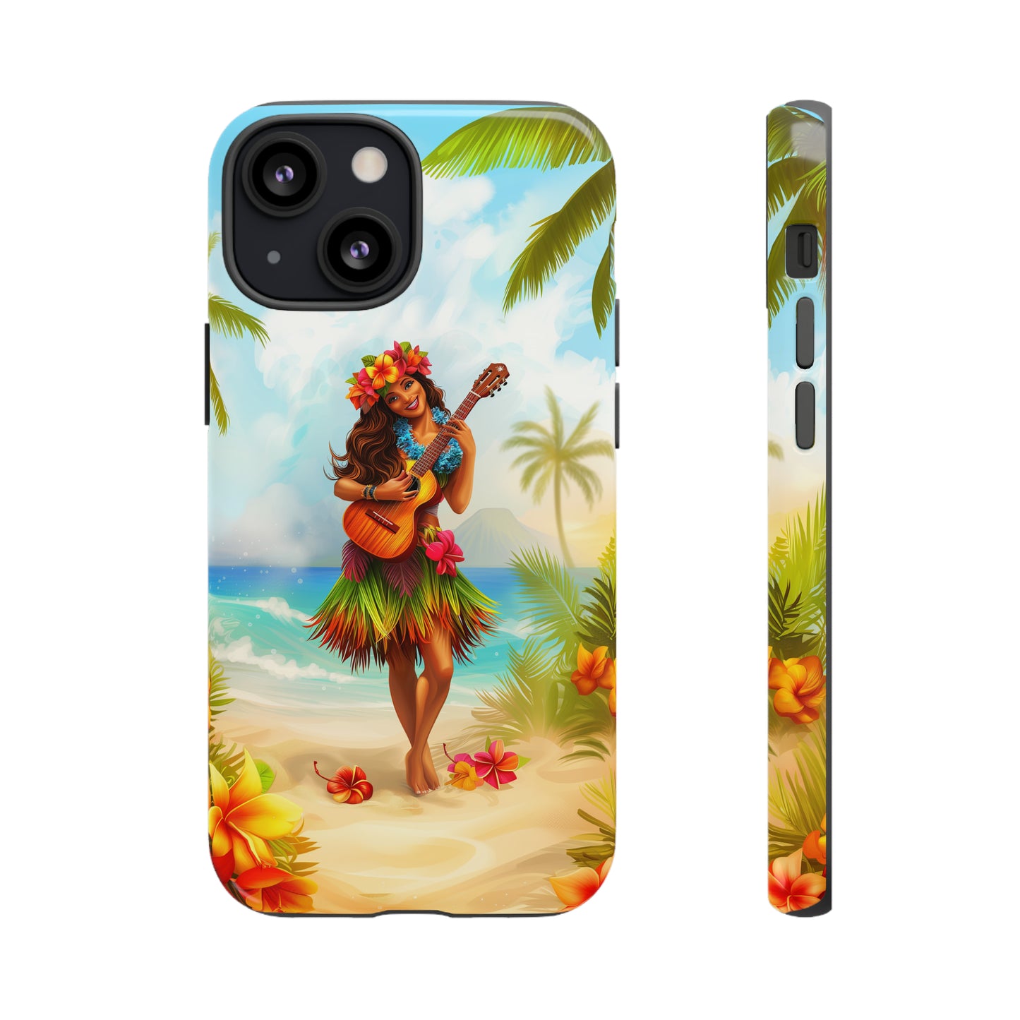 Hula Girl Guitar Hawaiian Phone Case, Tropical, Hibiscus, Wireless Compatible, Protective Cell Phone Case for iPhone, Samsung, Pixel phones