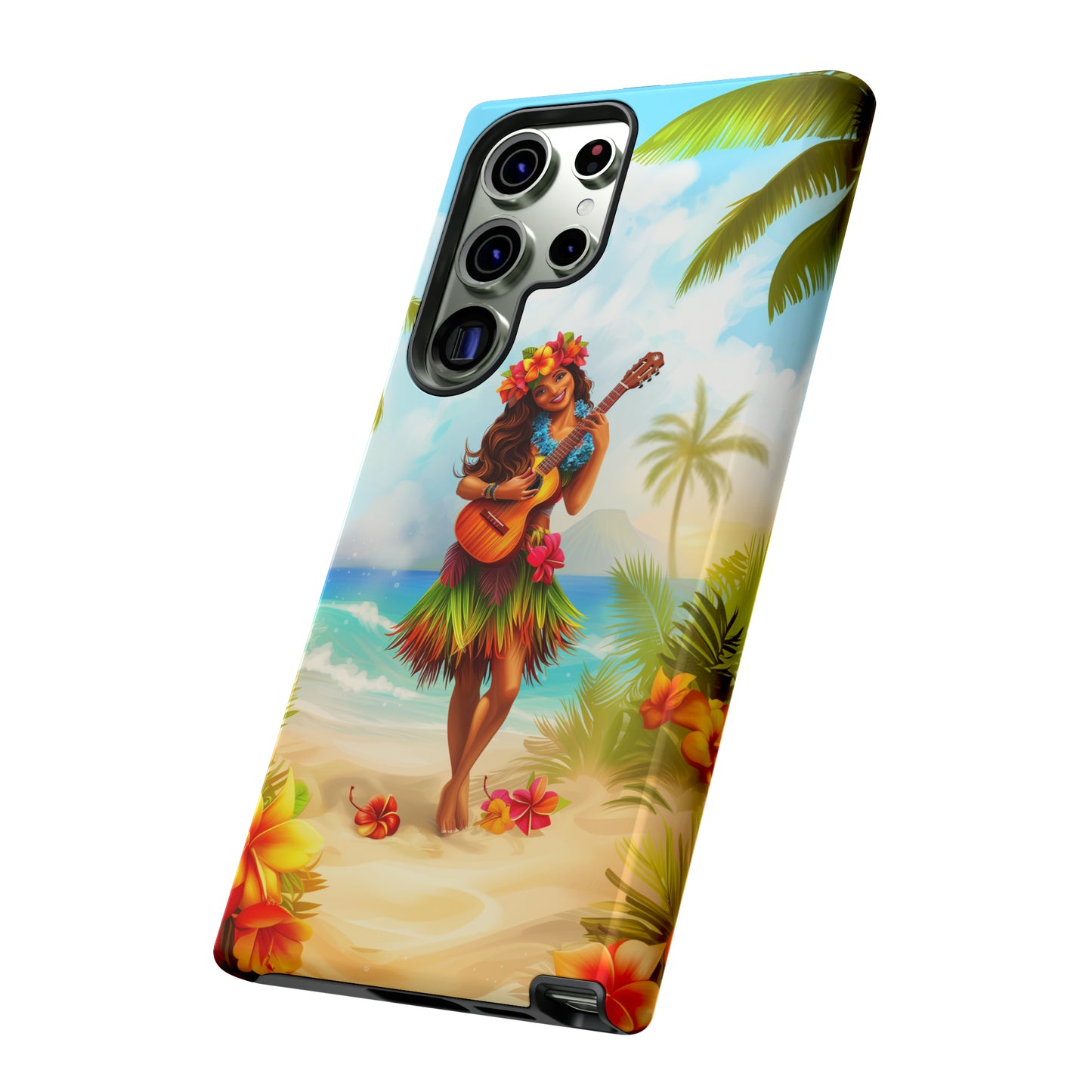 Hula Girl Guitar Hawaiian Phone Case, Tropical, Hibiscus, Wireless Compatible, Protective Cell Phone Case for iPhone, Samsung, Pixel phones
