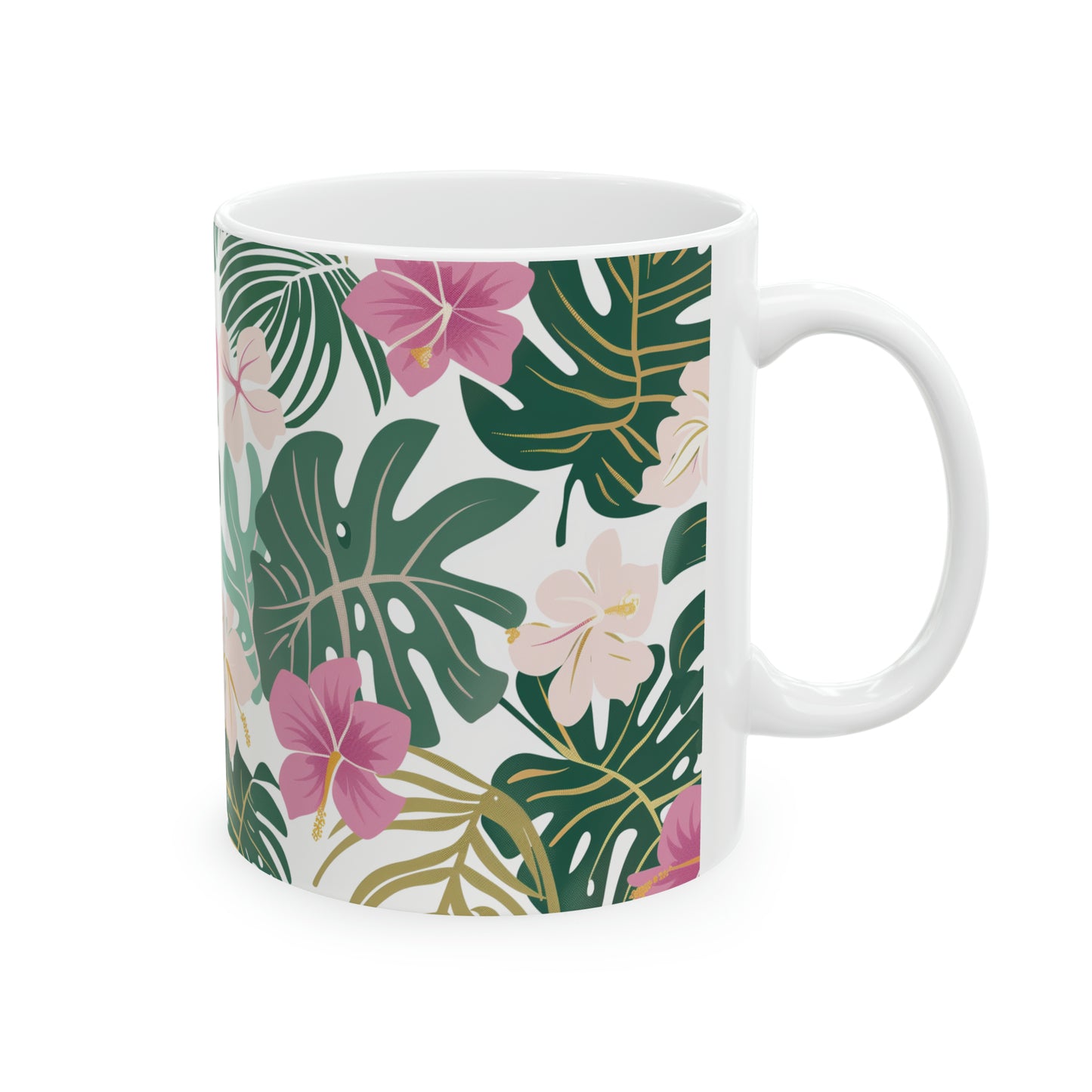 Hibiscus Pink Green Pattern Hawaiian Ceramic Mug 11oz, Hawaii Mug, HI Mug, Aloha Mug, 808 Mug, Island Mug, Tropical Mug, Coffee Mug