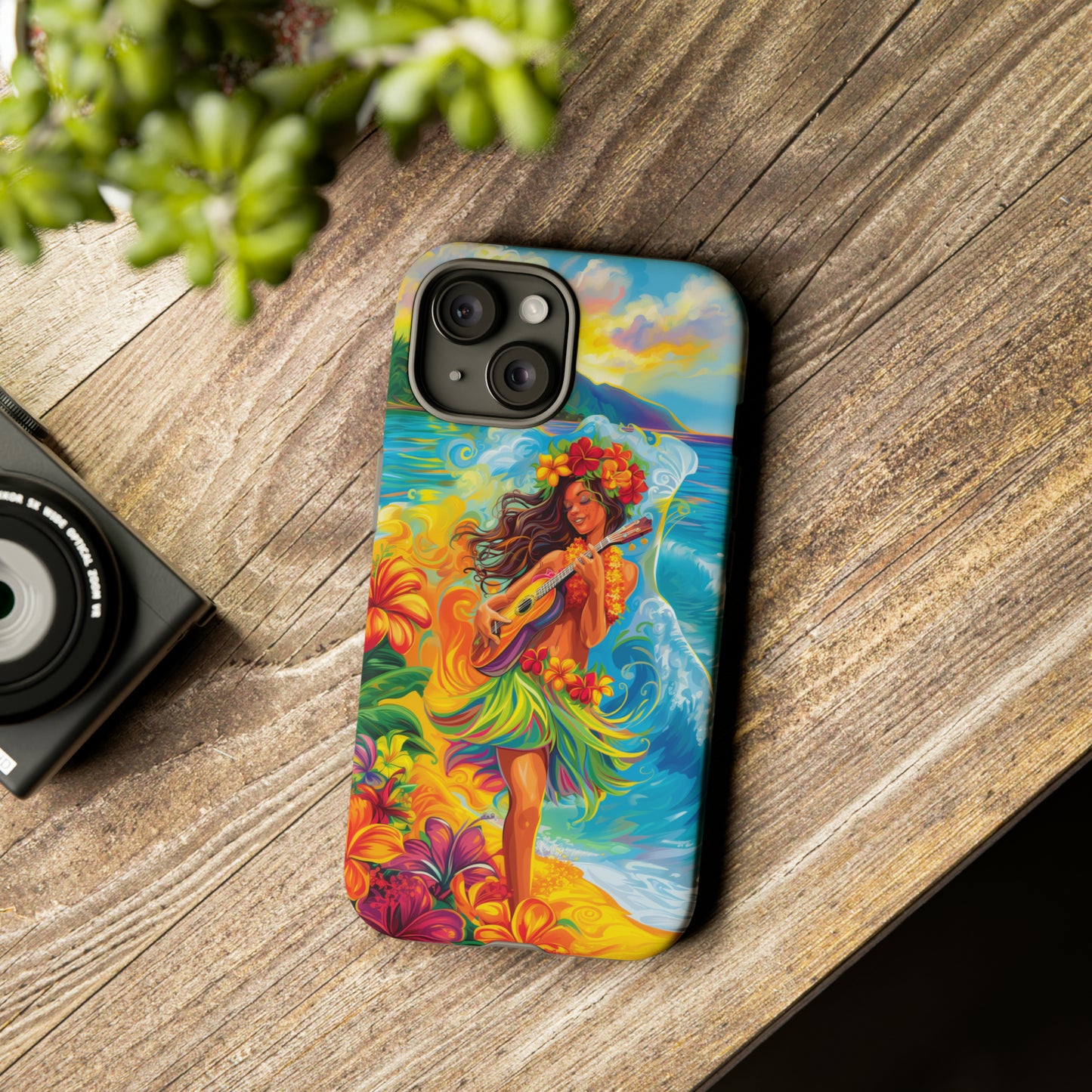 Ukulele Hula Girl Hawaiian Phone Case, Tropical, Hibiscus, Wireless Compatible, Protective Cell Phone Case for iPhone, Samsung, Pixel phones
