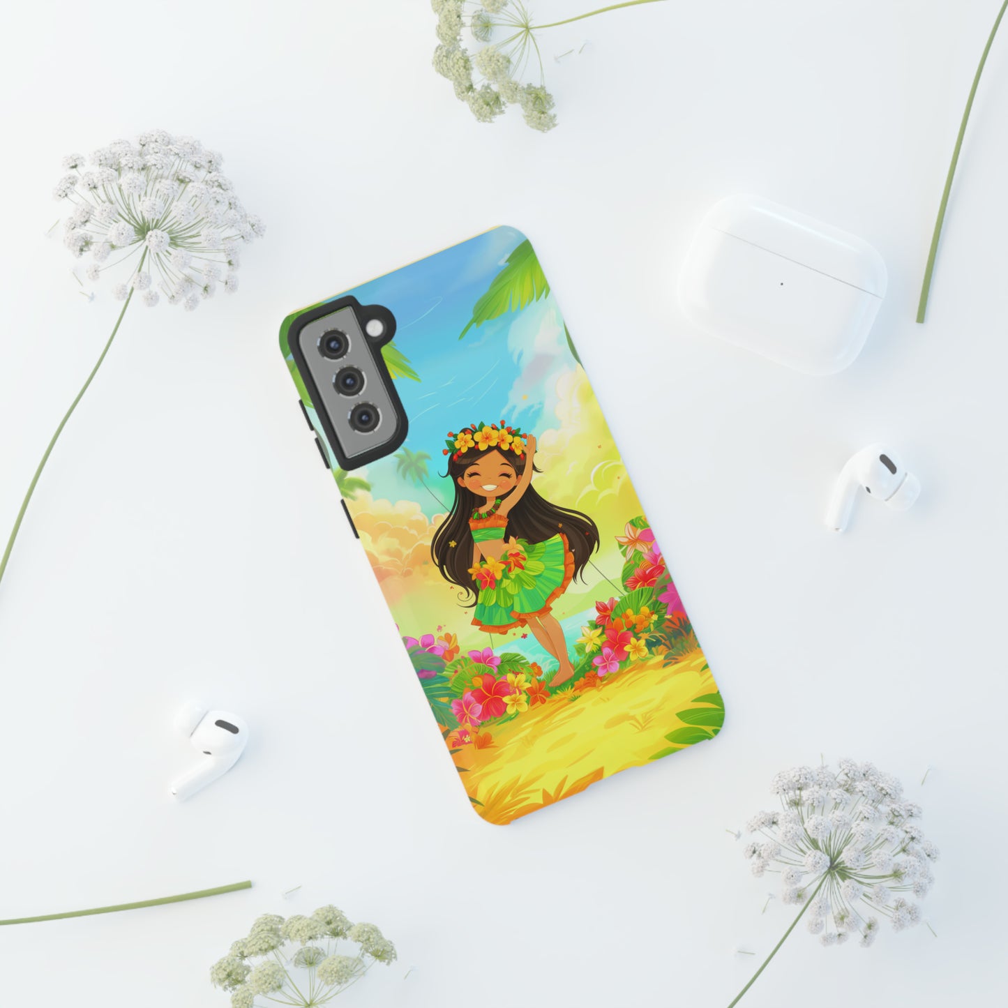 Cute Hula Girl Hawaiian Phone Case, Tropical, Hibiscus, Wireless Compatible, Protective Cell Phone Case for iPhone, Samsung, Pixel phones