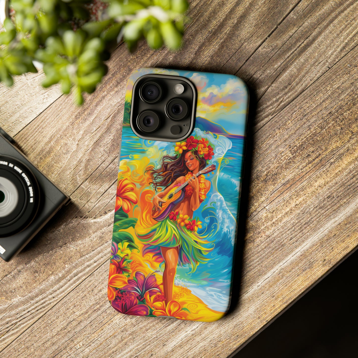 Ukulele Hula Girl Hawaiian Phone Case, Tropical, Hibiscus, Wireless Compatible, Protective Cell Phone Case for iPhone, Samsung, Pixel phones