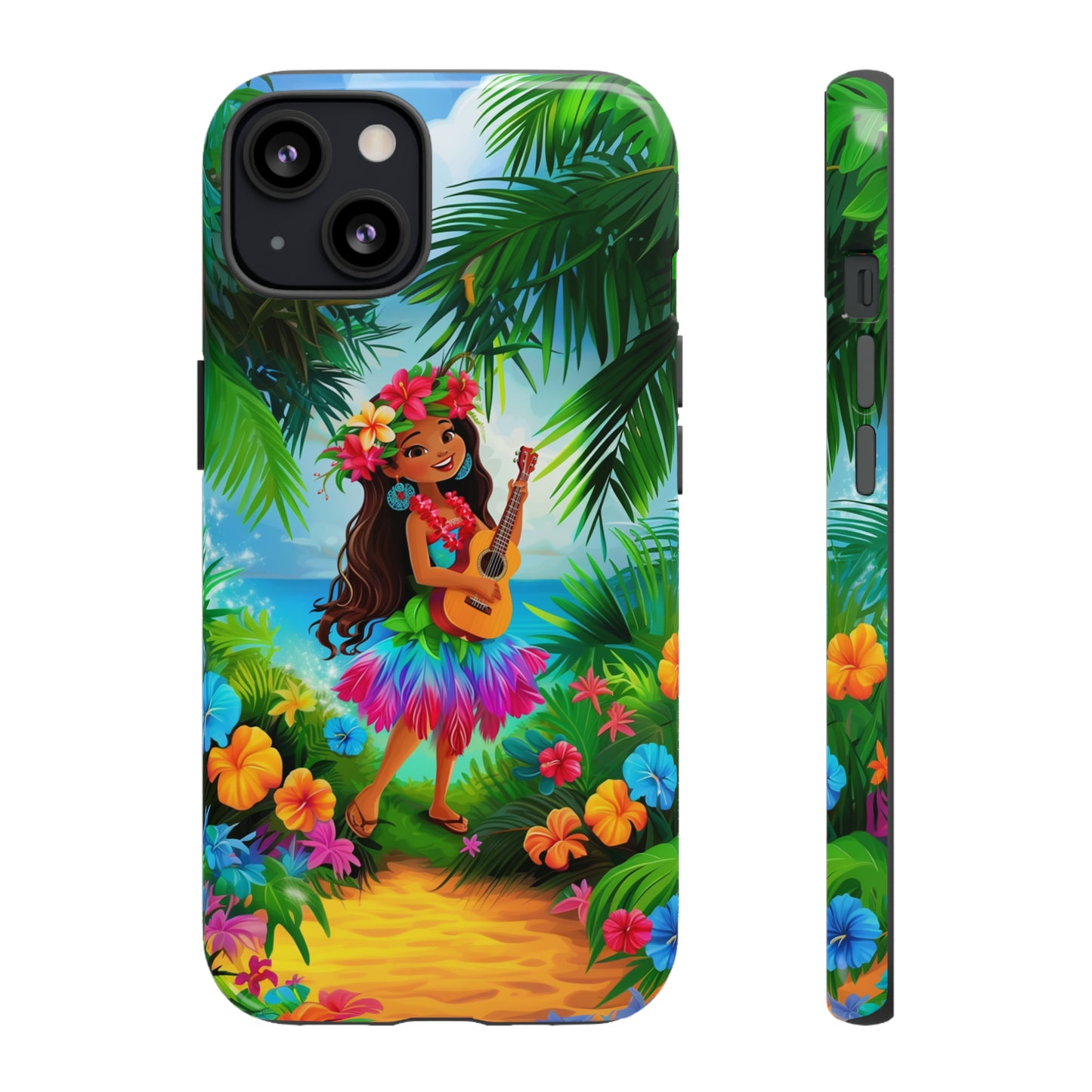 Hula Girl Ukulele Hawaiian Phone Case, Tropical, Hibiscus, Wireless Compatible, Protective Cell Phone Case for iPhone, Samsung, Pixel phones
